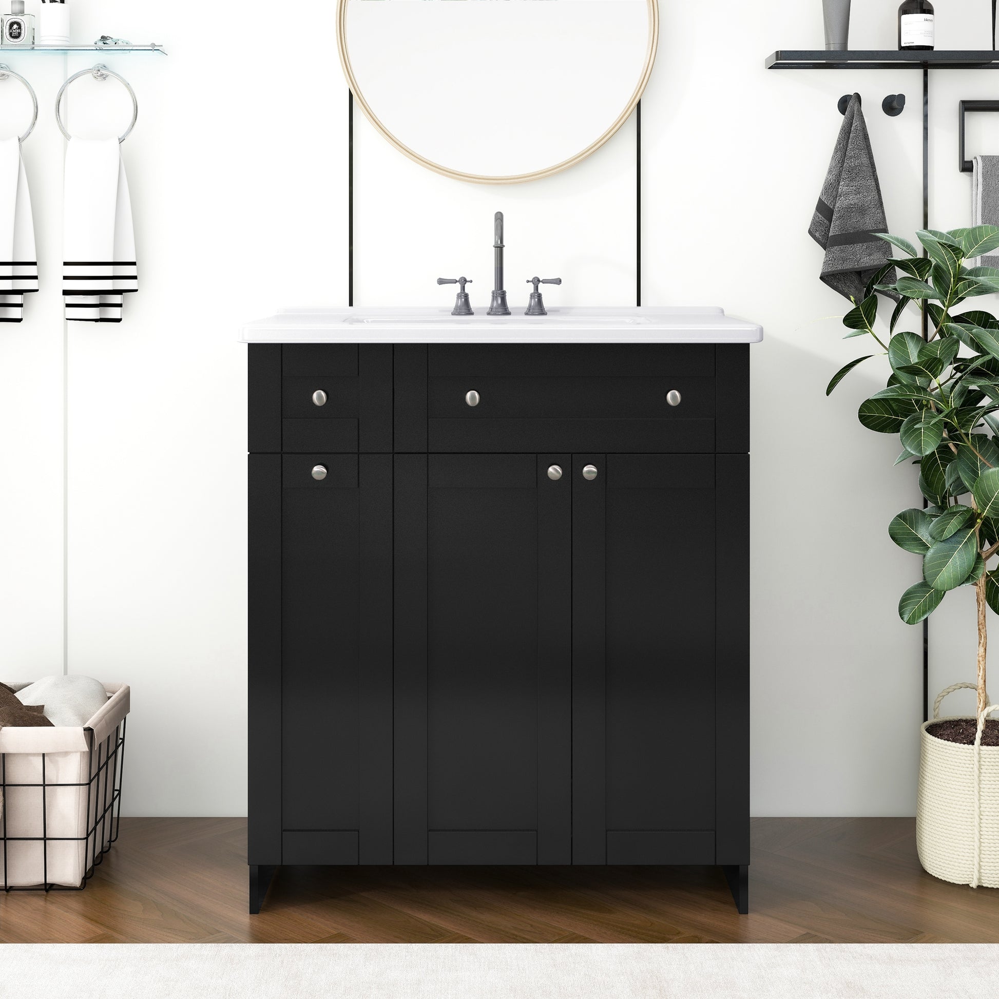 Black bathroom vanity with white countertop and silver knobs  inches wide