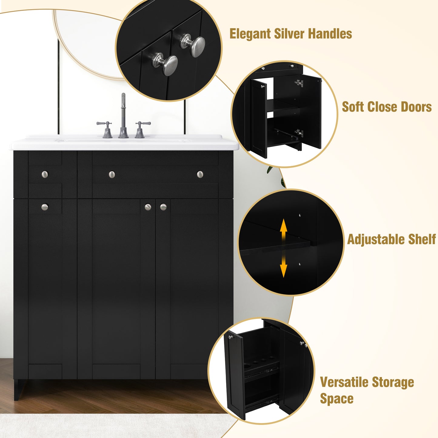 Black bathroom vanity with white countertop silver pulls and softclose doors