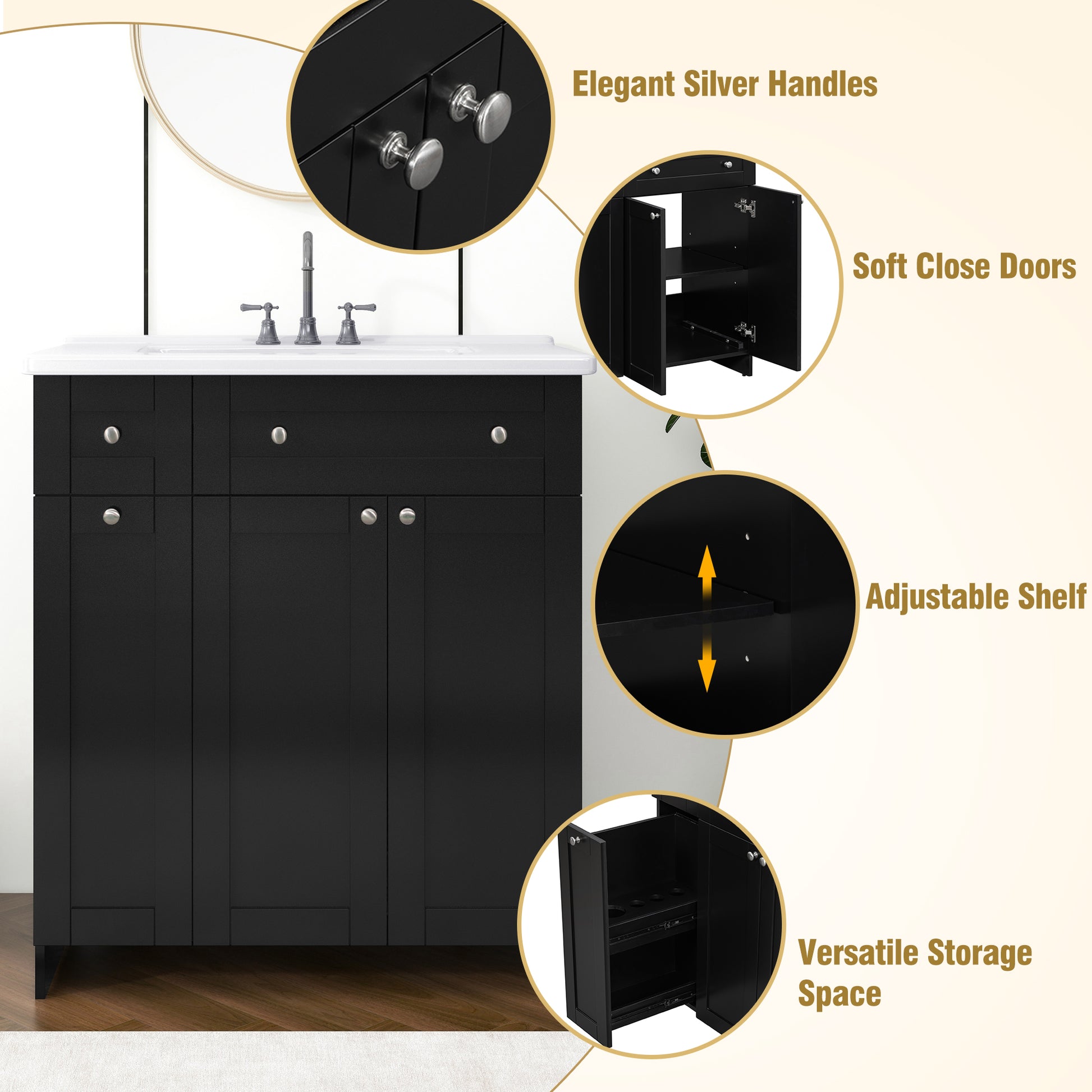 Black bathroom vanity with white countertop silver pulls and softclose doors