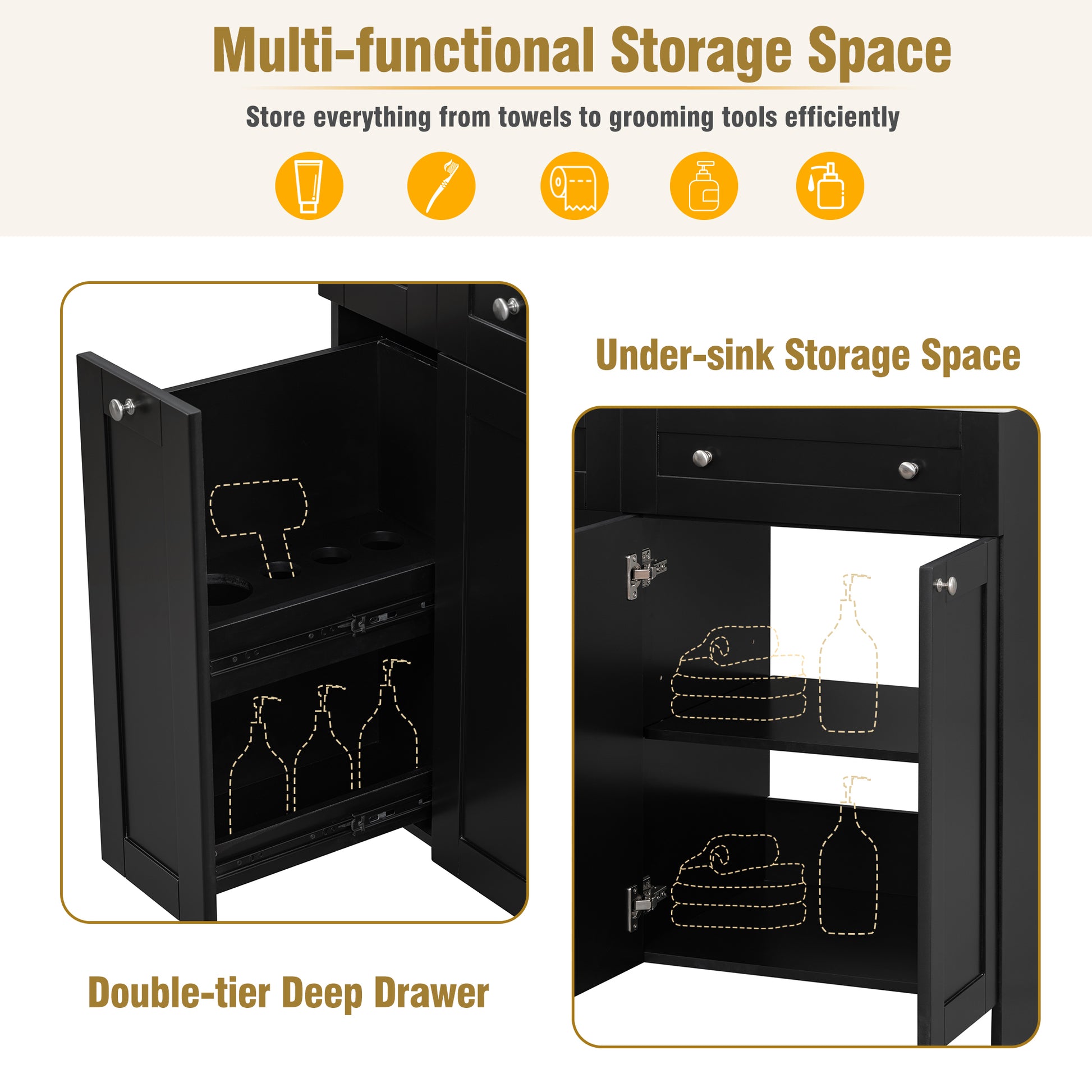 Black vanity cabinet with open doubletier deep drawer showing storage