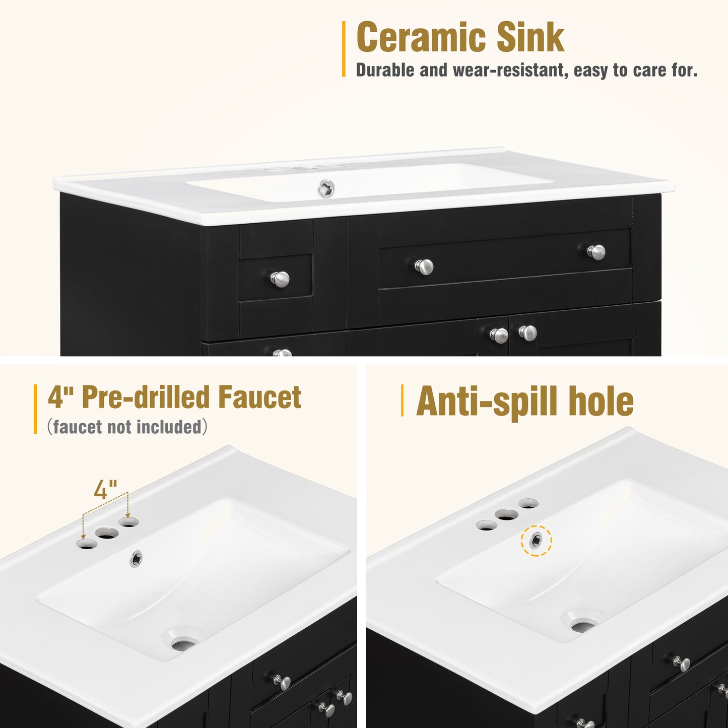 Black vanity with integrated white ceramic sink featuring inch predrilled faucet holes