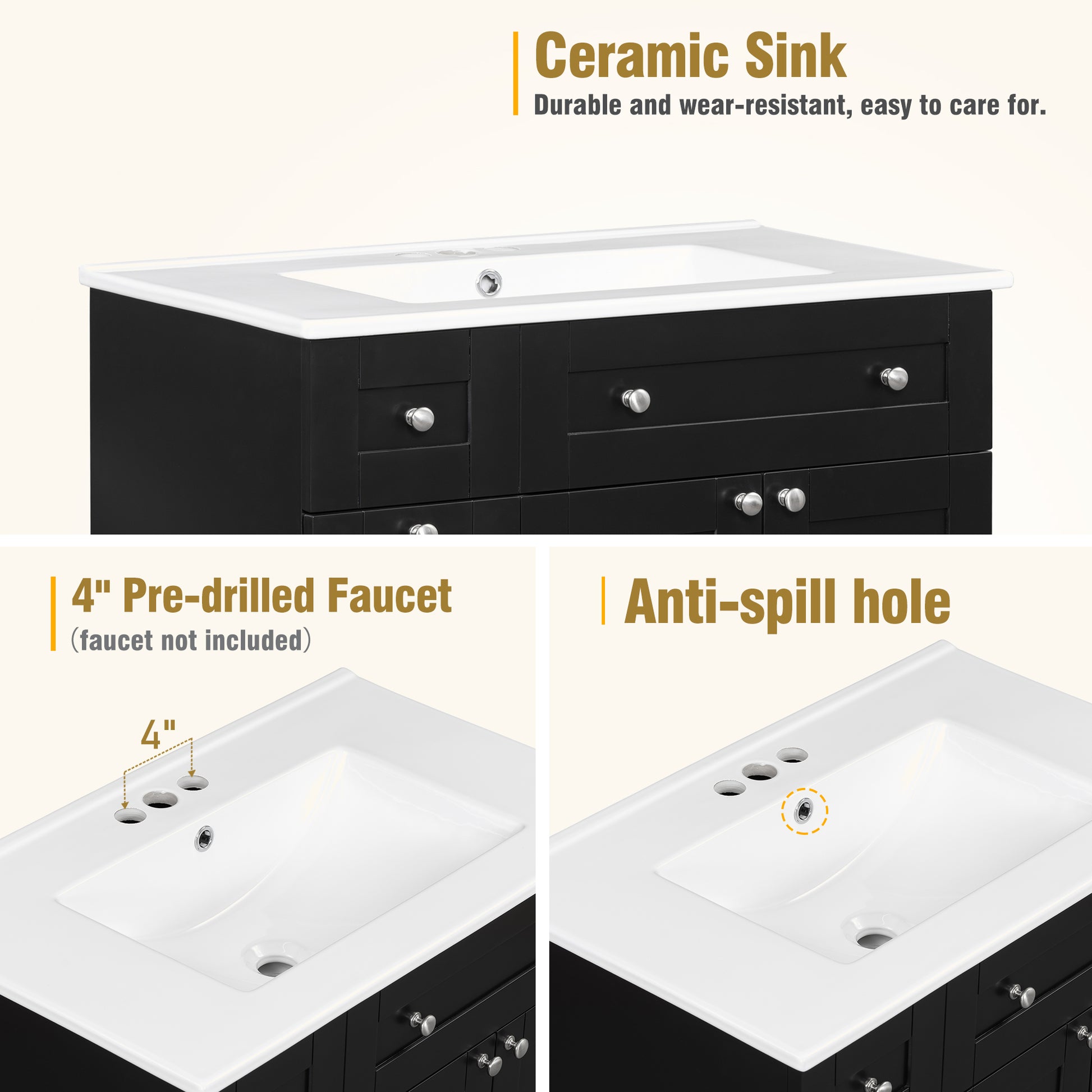Black vanity with integrated white ceramic sink featuring inch predrilled faucet holes