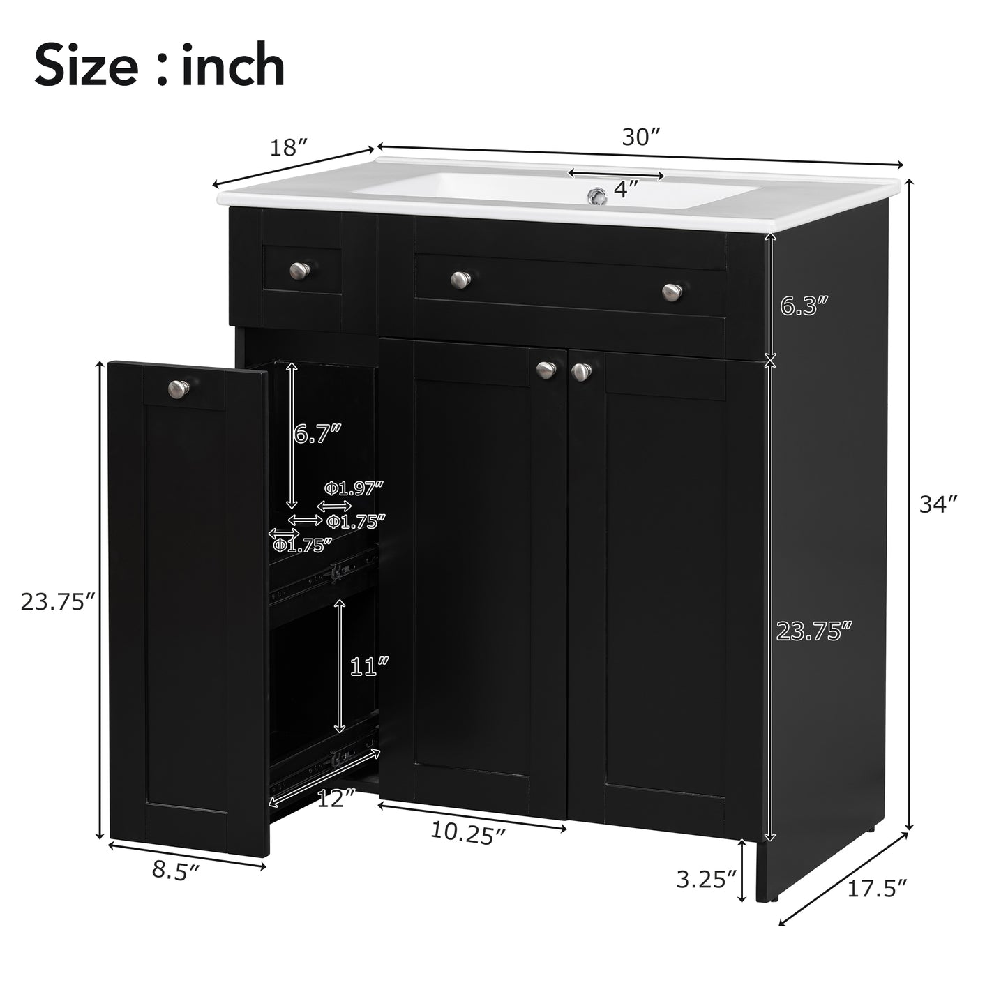 Black bathroom vanity with white undermount sink and pullout drawer unit
