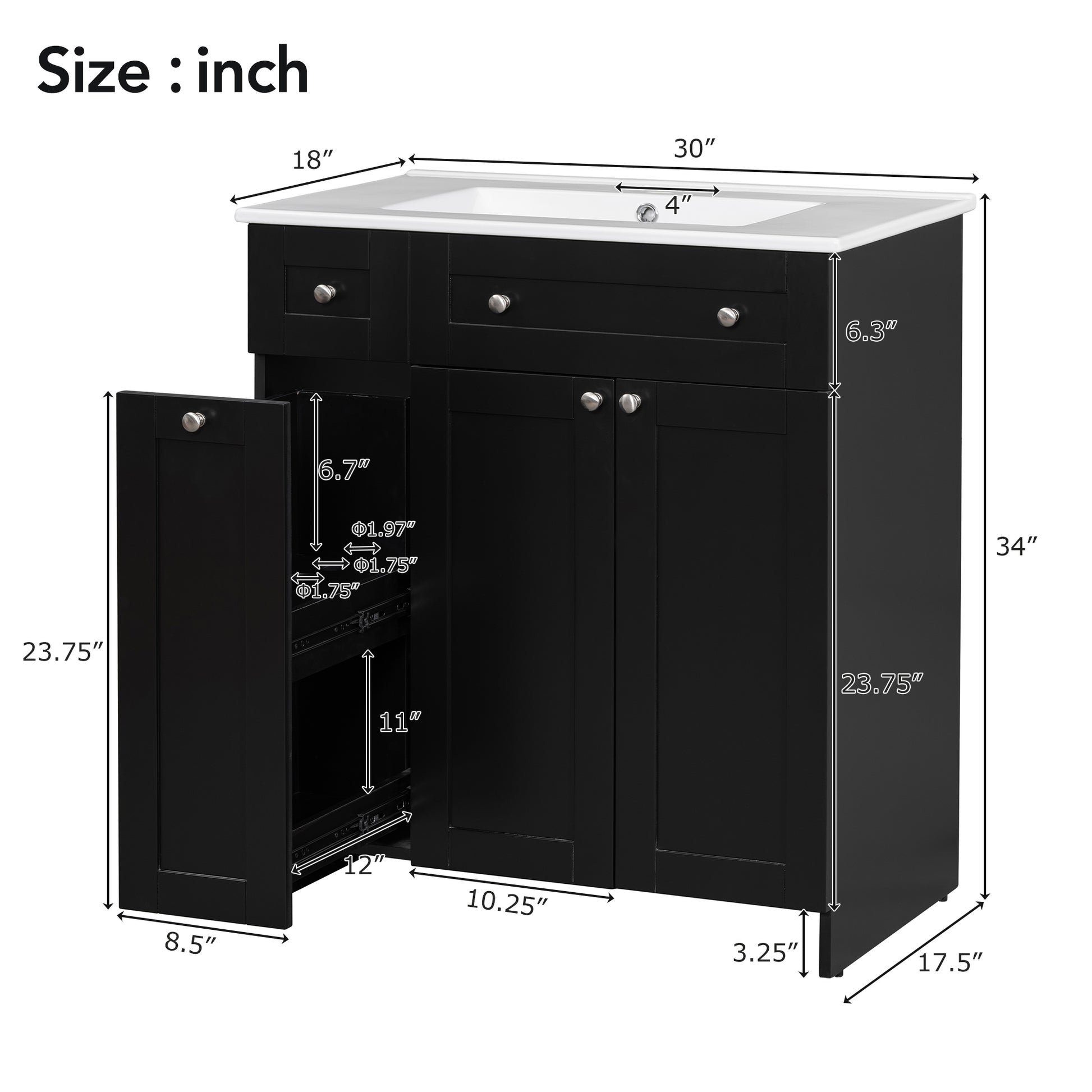 Black bathroom vanity with white undermount sink and pullout drawer unit