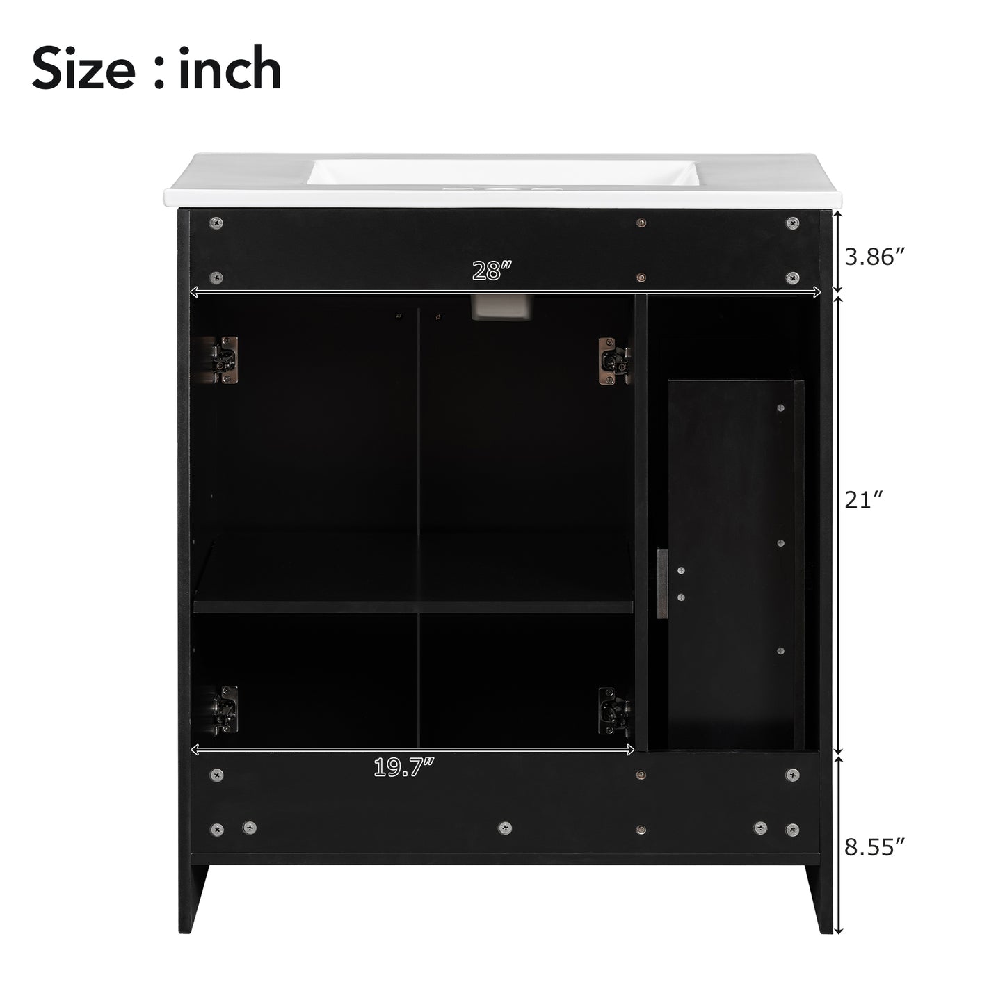 Black vanity cabinet with white marble top  inches wide for bathroom storage