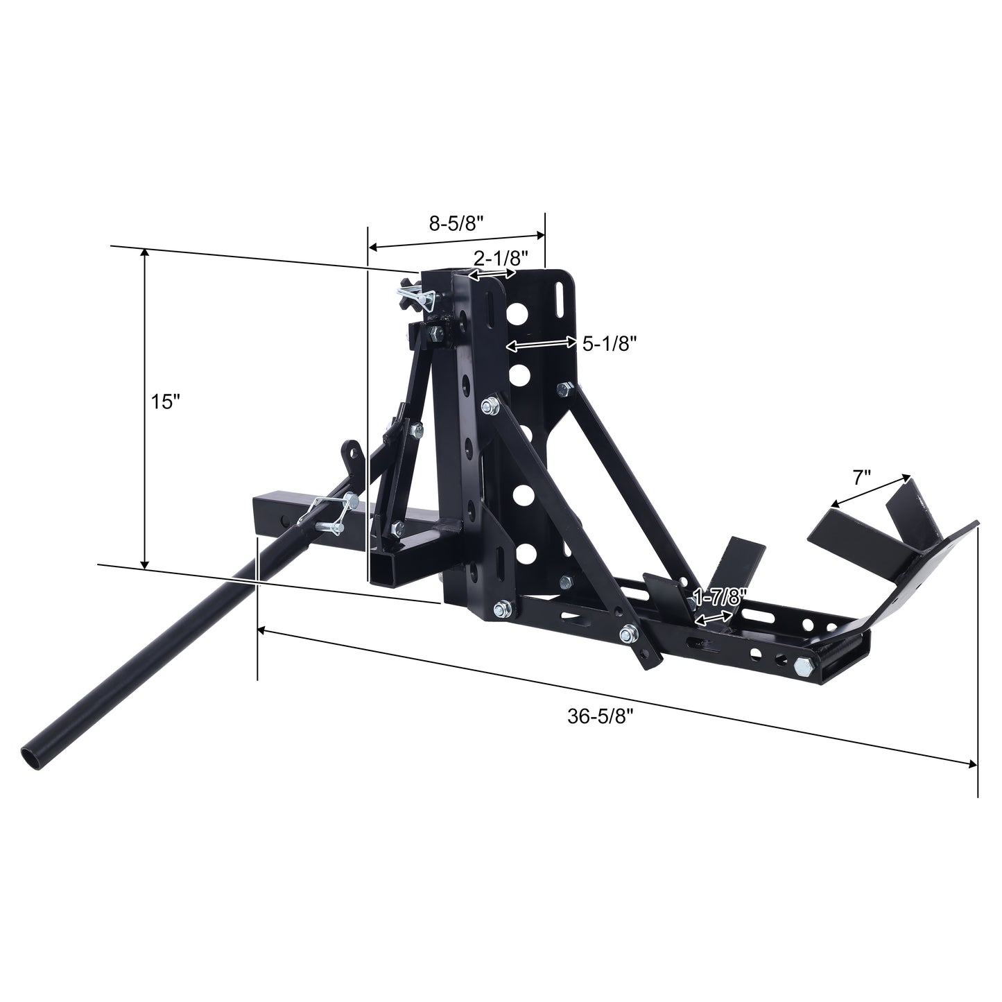 Black metal motorcycle trailer hitch carrier with adjustable wheel chock and tiedown points