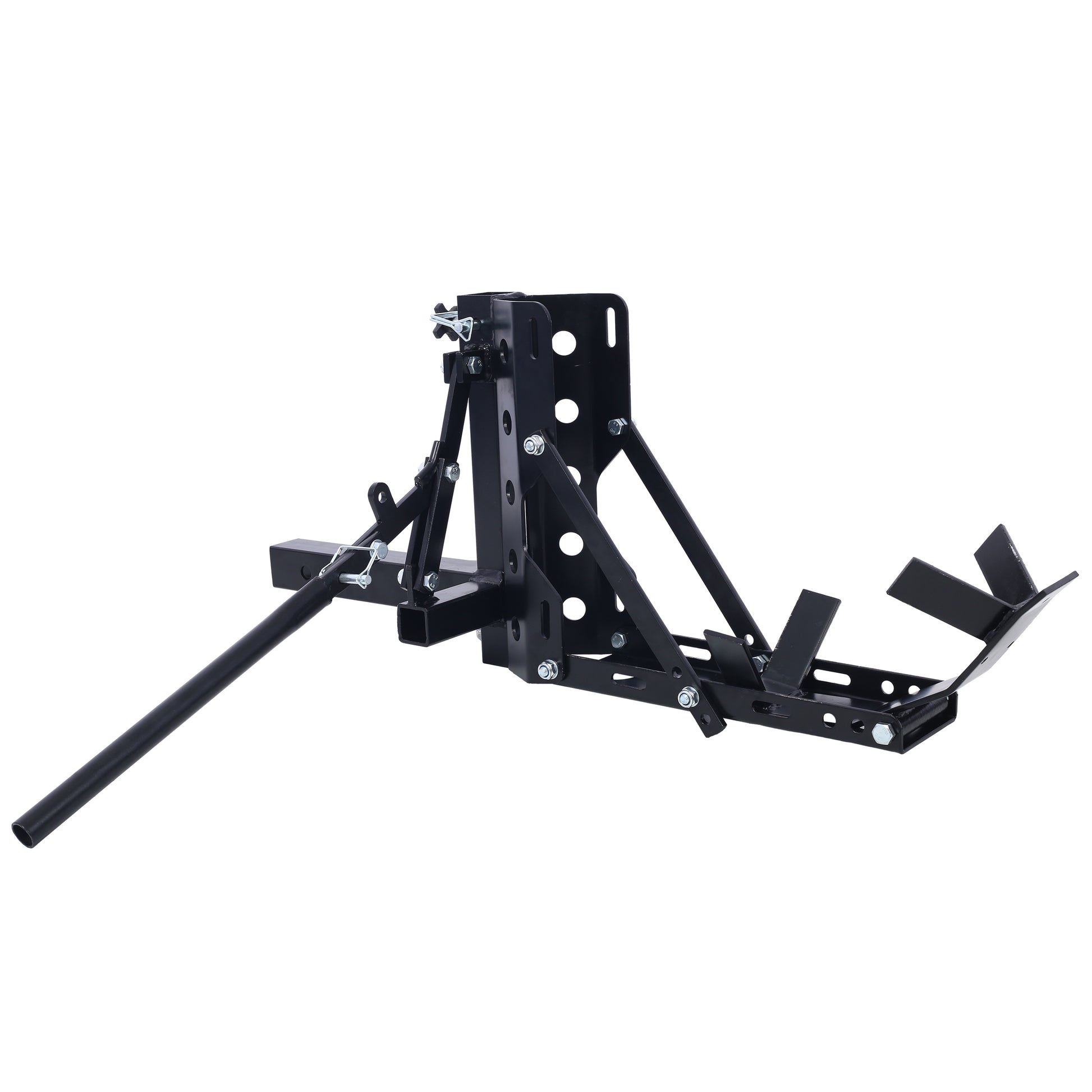 Black steel trailer hitch motorcycle wheel chock with locking arm for securing bikes