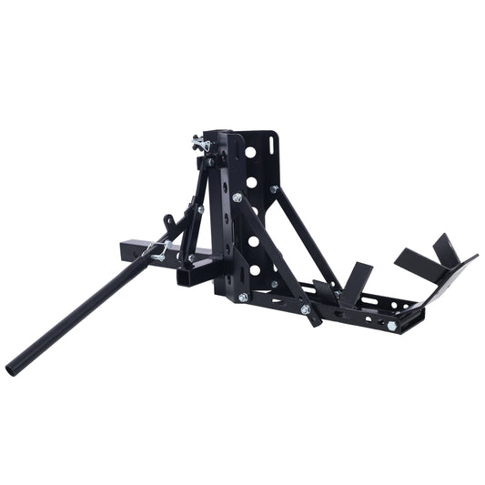 Black steel trailer hitch motorcycle wheel chock with locking arm for securing bikes