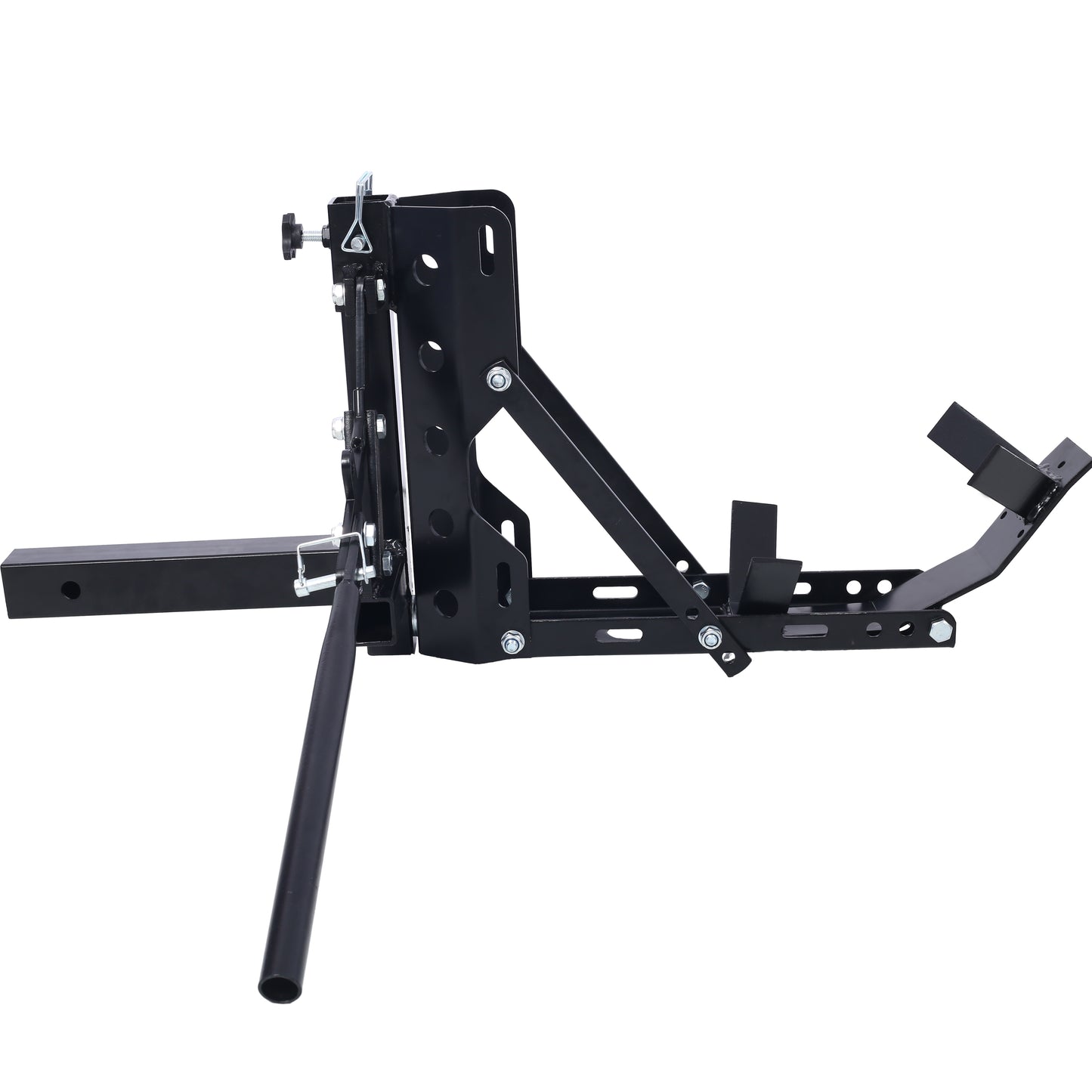 Black metal motorcycle trailer hitch carrier with adjustable wheel chock for secure transport
