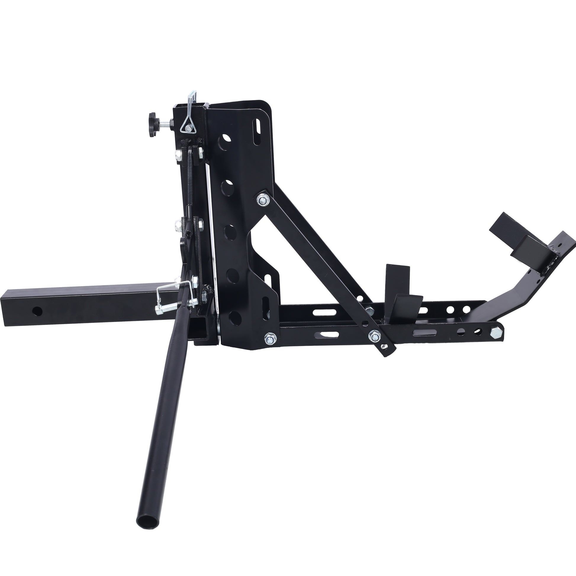 Black metal motorcycle trailer hitch carrier with adjustable wheel chock for secure transport