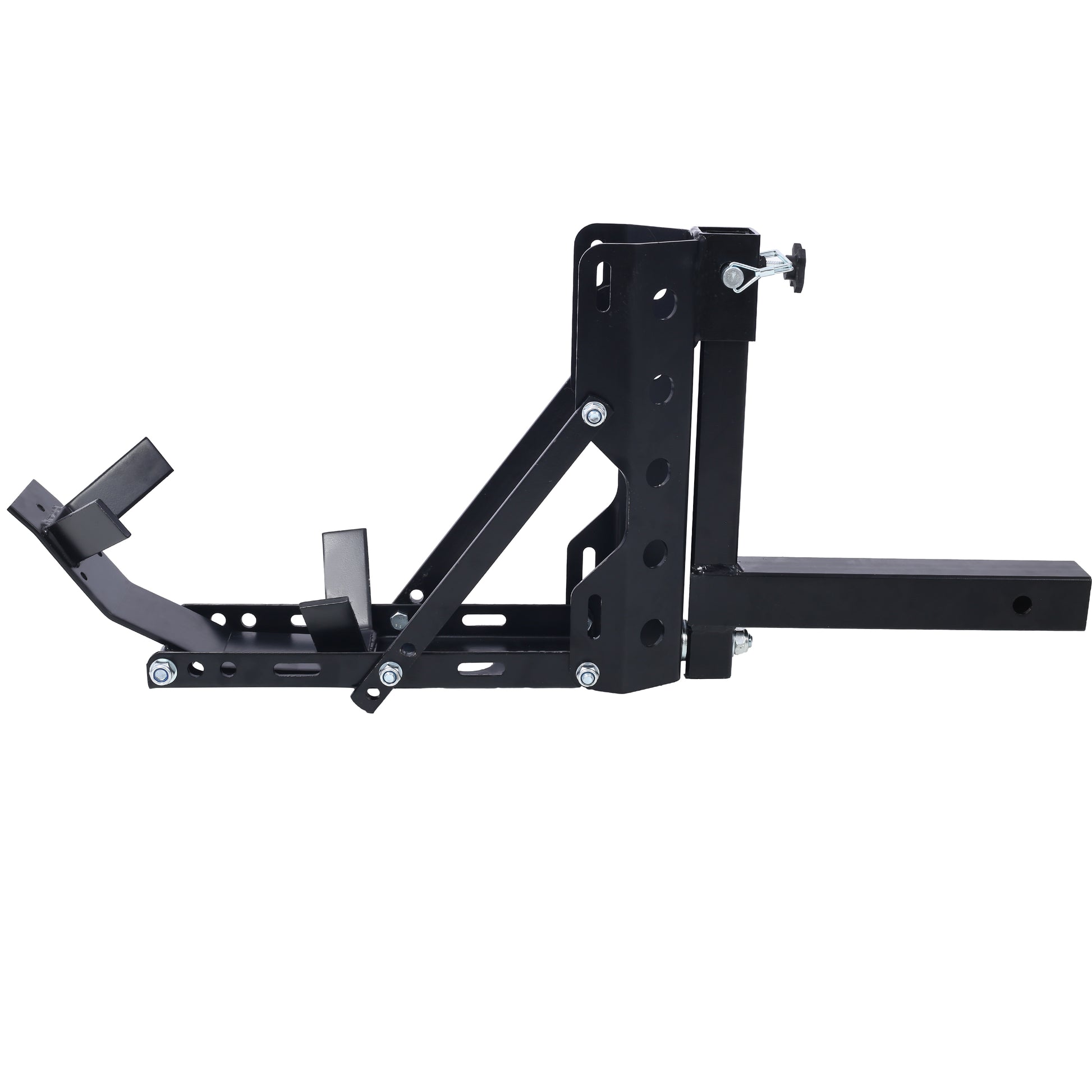 Black steel motorcycle trailer hitch carrier with adjustable wheel chock for secure transport