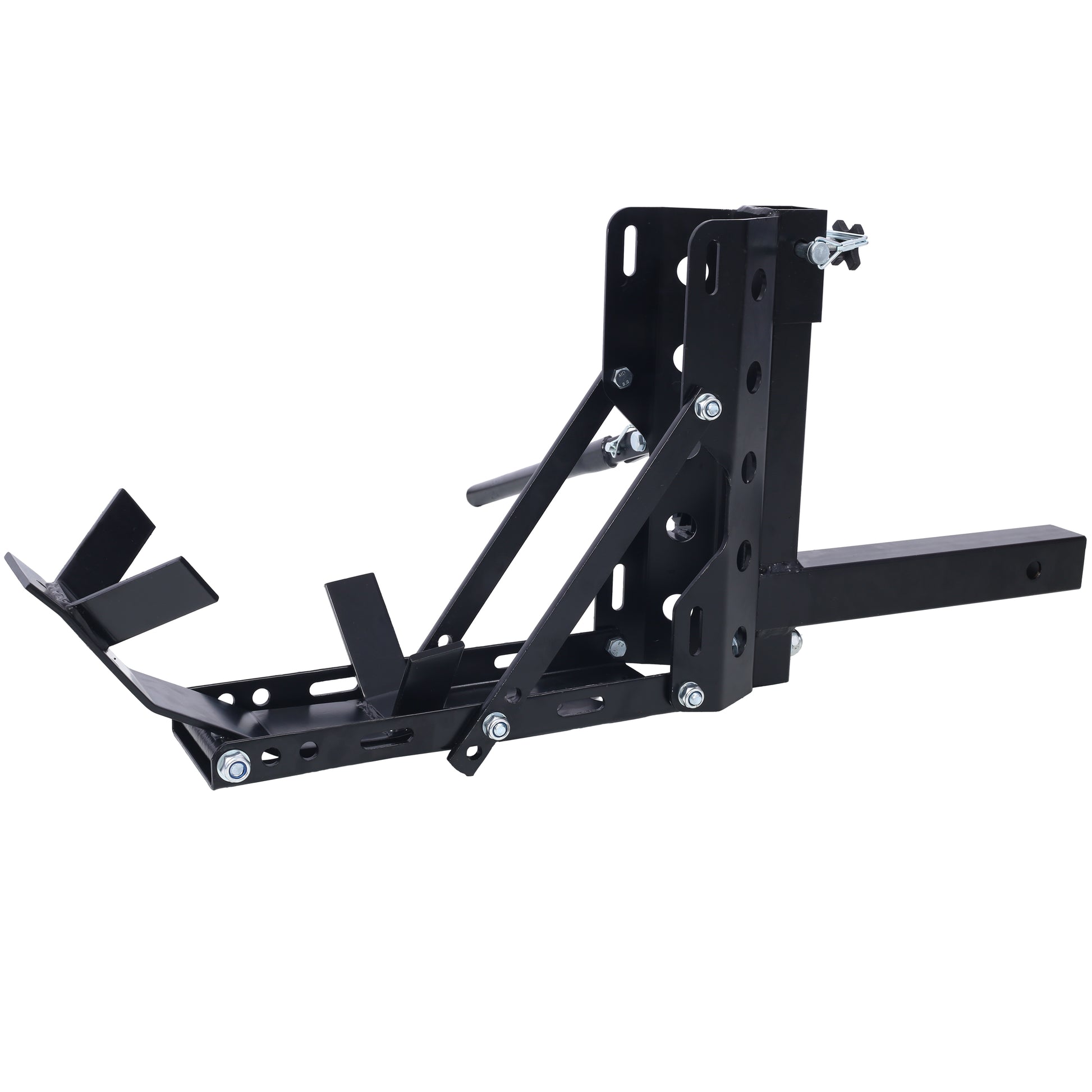 Black metal motorcycle wheel chock hitch mount for secure transport