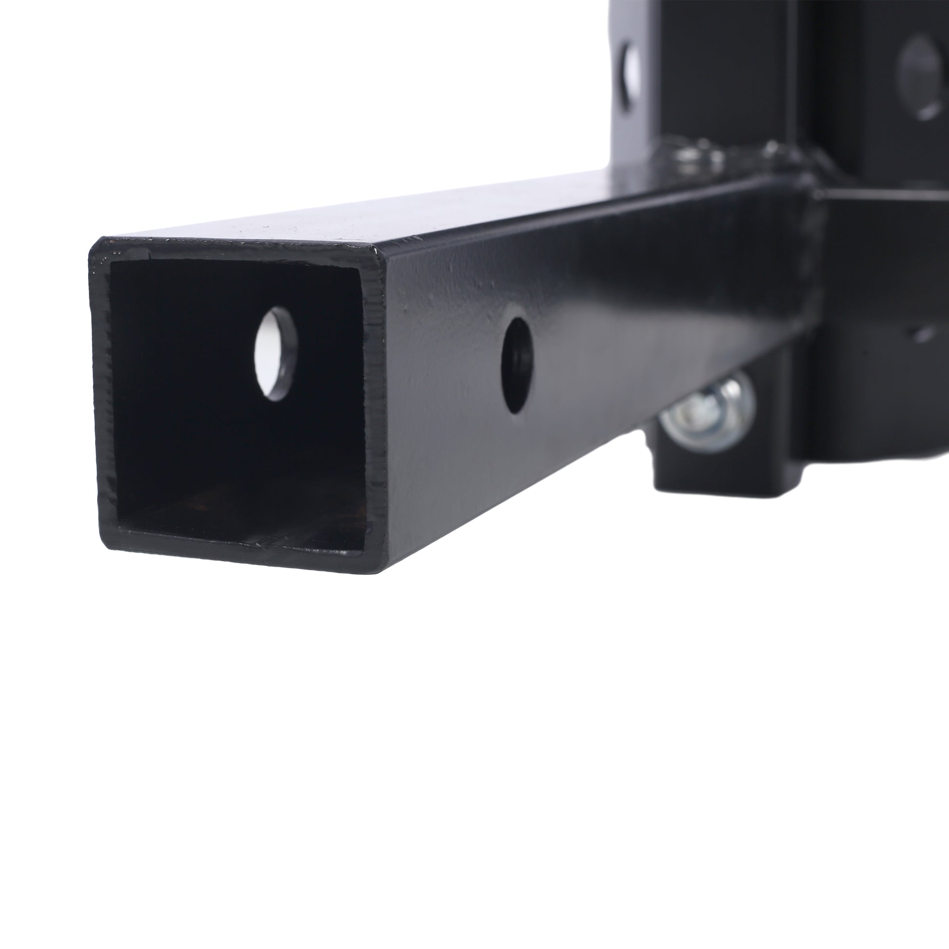 Black steel trailer hitch receiver tube with mounting holes