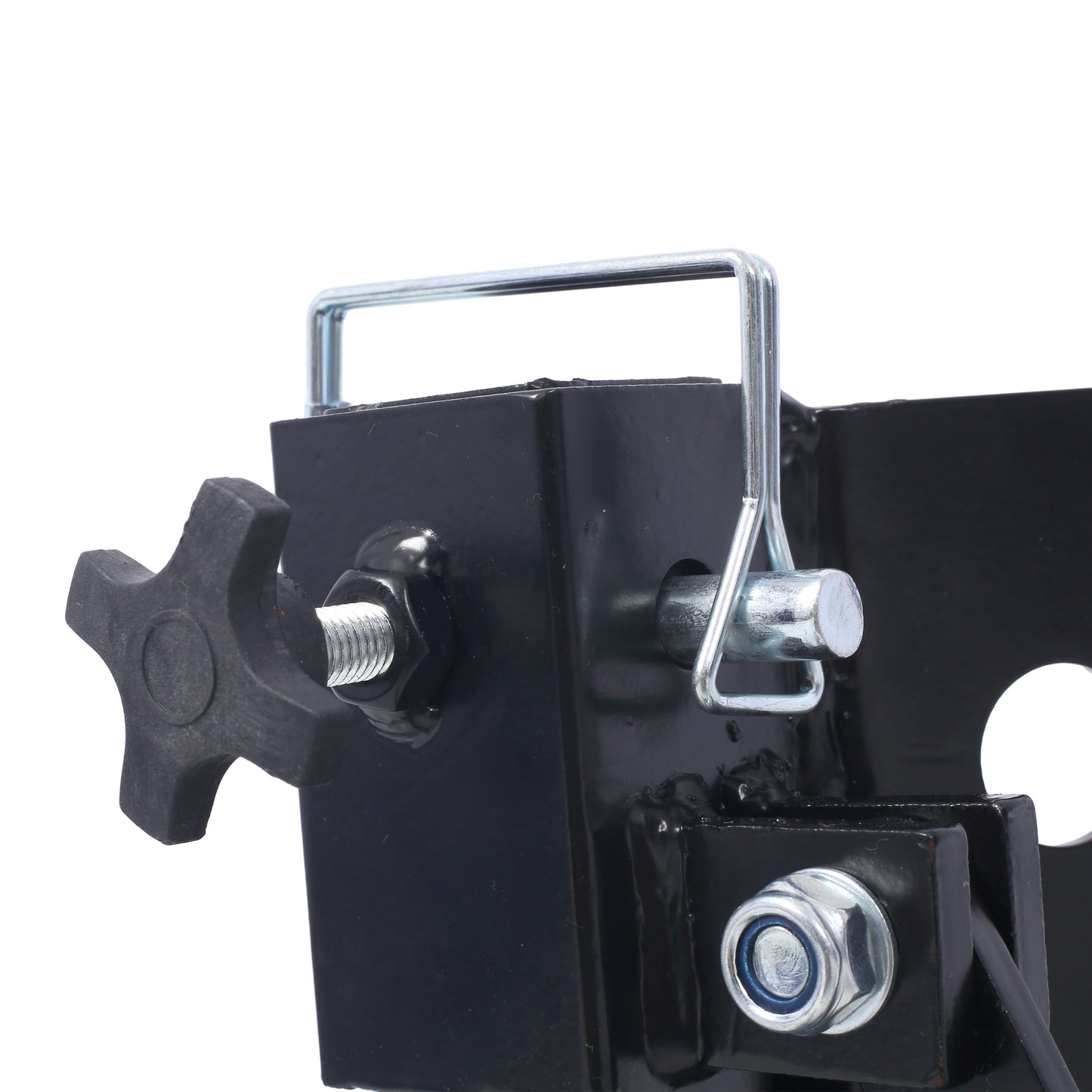 Black metal jack stand detail with adjustable knob and zincplated pin for secure lifting