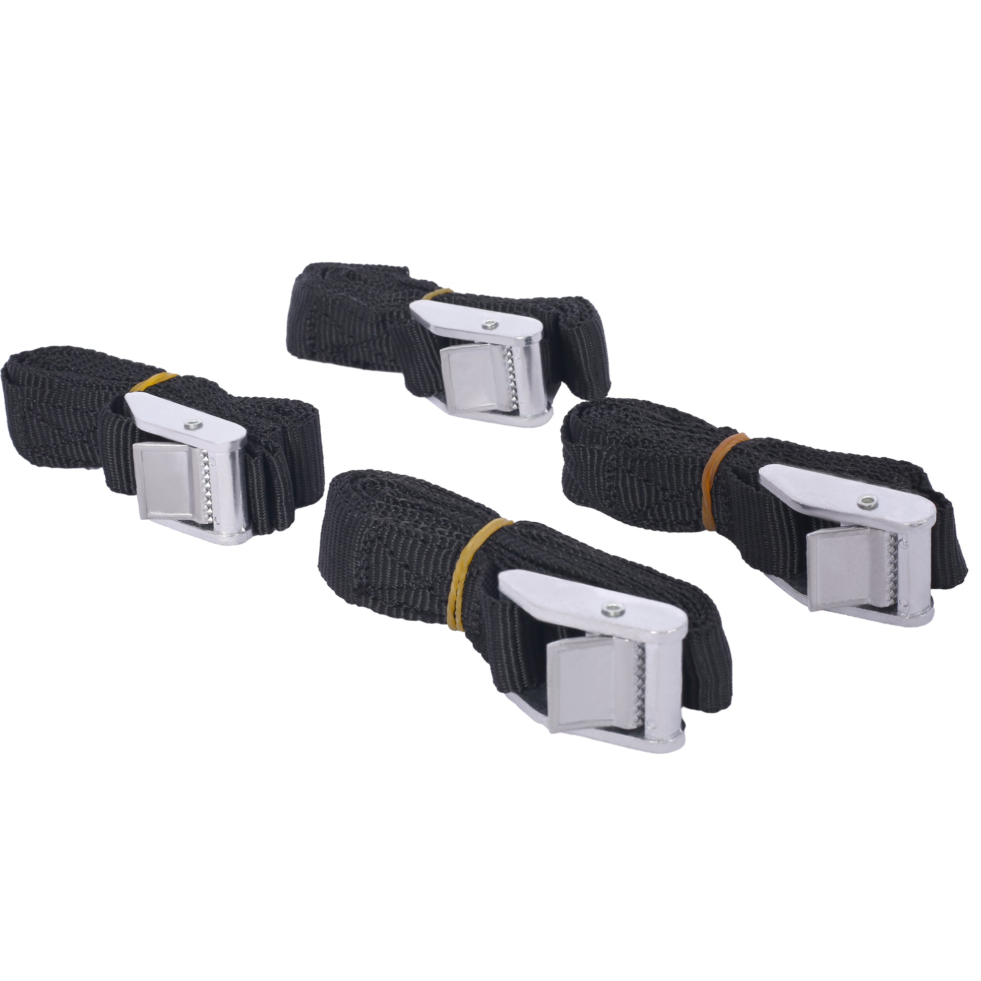 Set of four black cam straps with silver buckles ideal for securing cargo