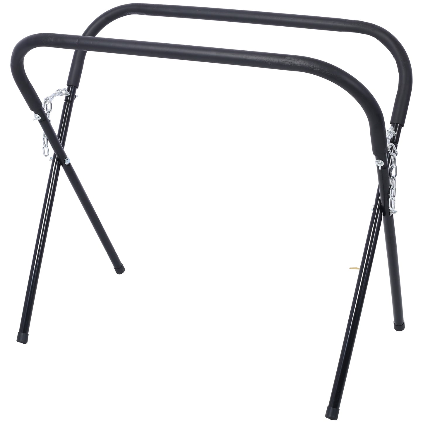 Black steel foldup stand with padded bars and metal chain support