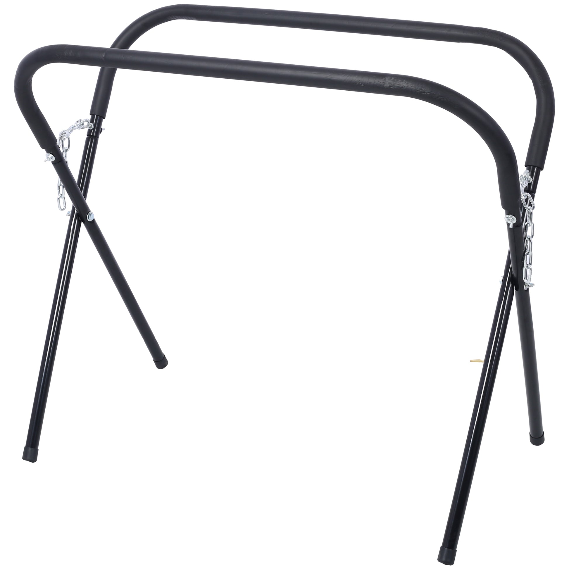 Black steel foldup stand with padded bars and metal chain support