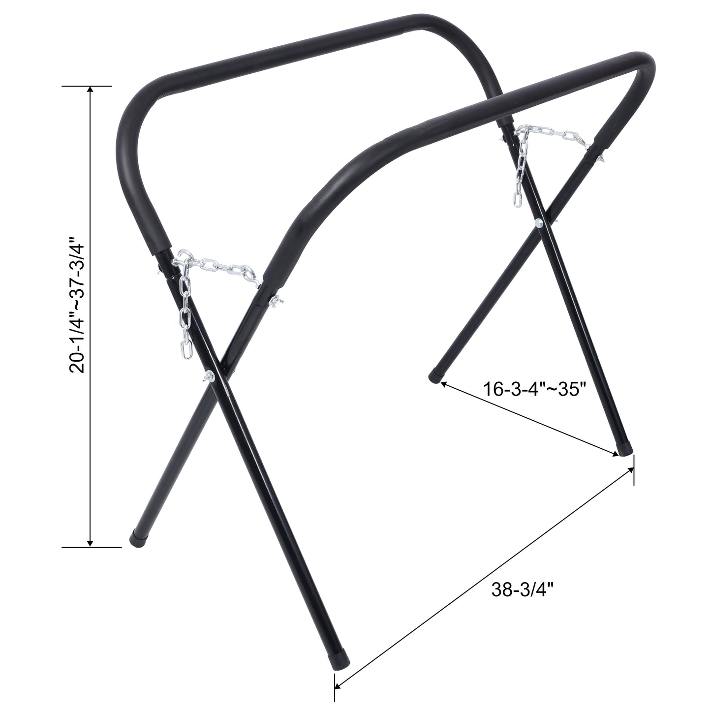 Black metal hammock stand with adjustable height and width featuring sturdy chains for support