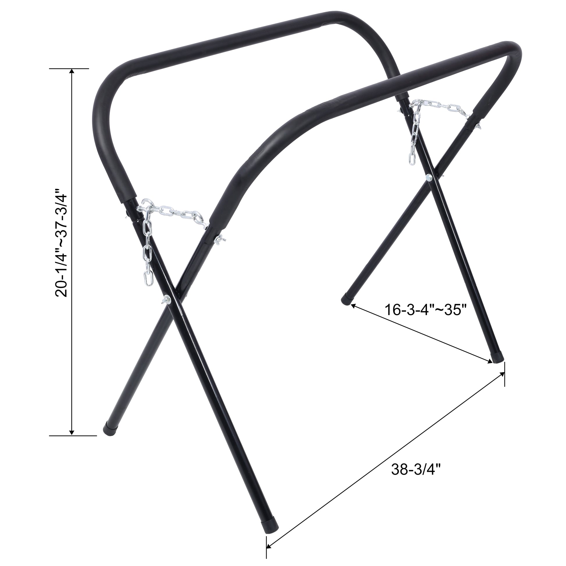 Black metal hammock stand with adjustable height and width featuring sturdy chains for support