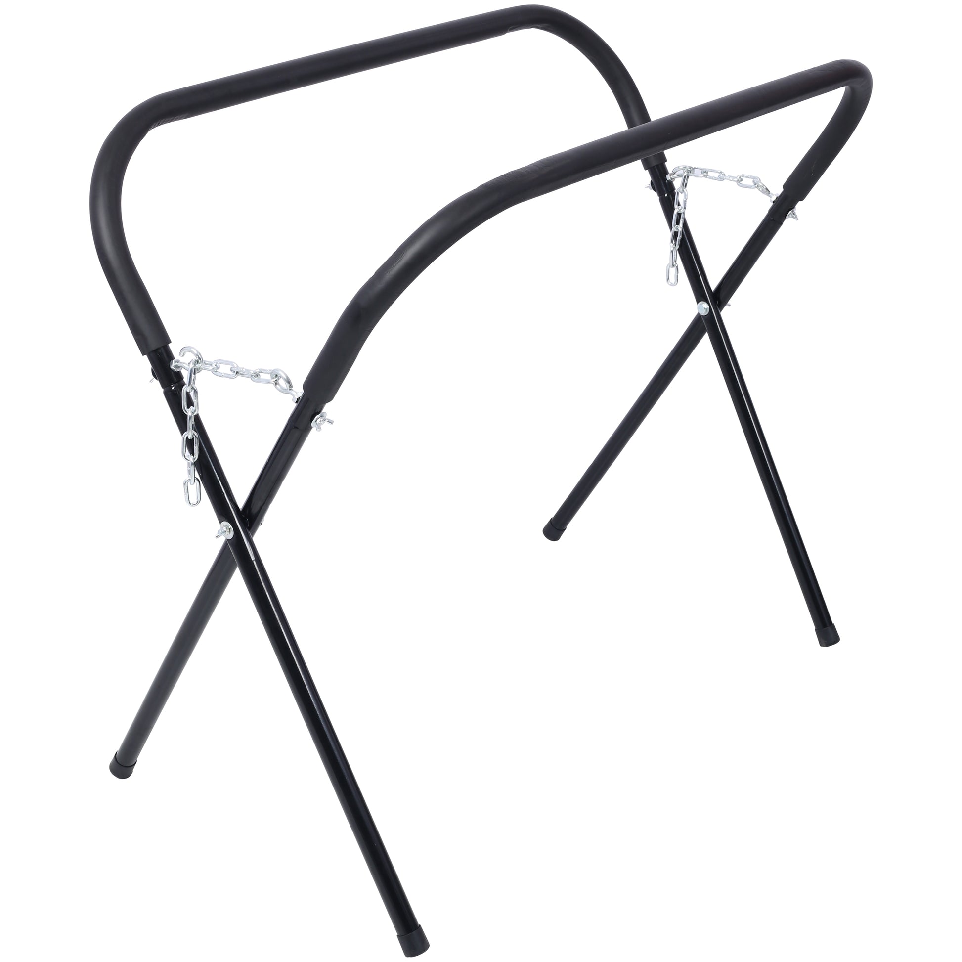 Black metal foldable stand with chrome chain for portability