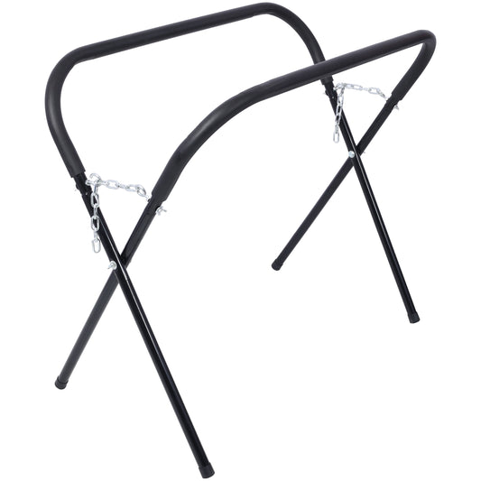 Black metal foldable stand with chrome chain for portability