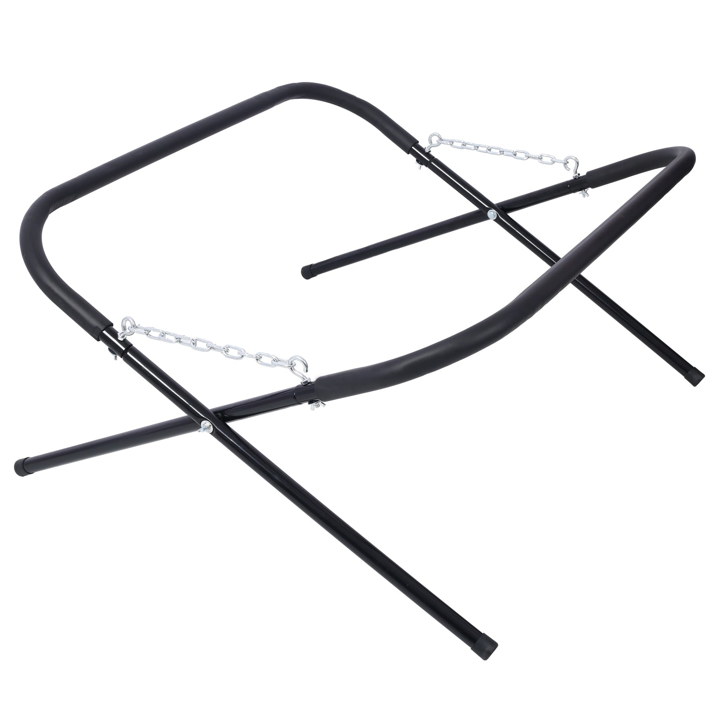 Black metal hammock stand with curved arms and support legs including chains
