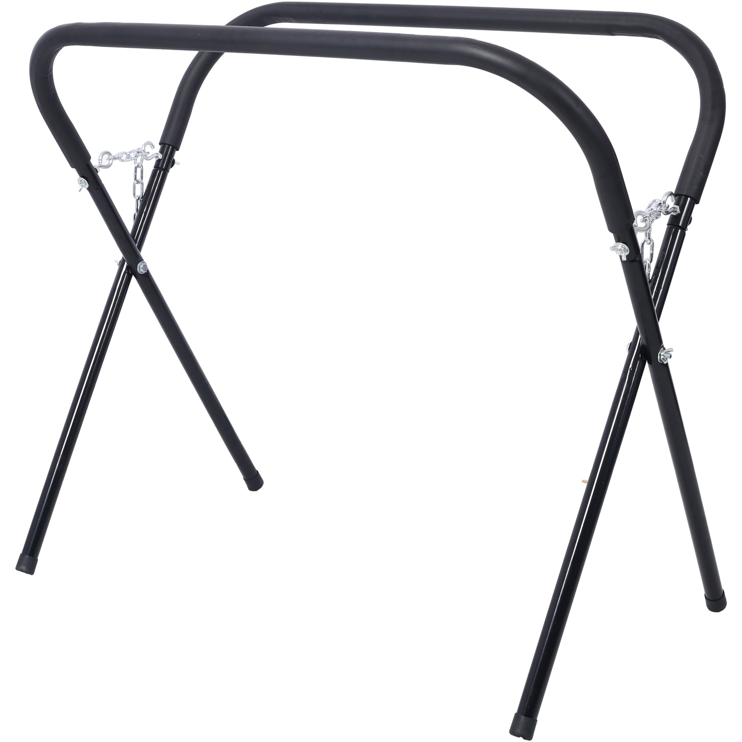 Black metal folding sawhorse with padded top and chain support for stability
