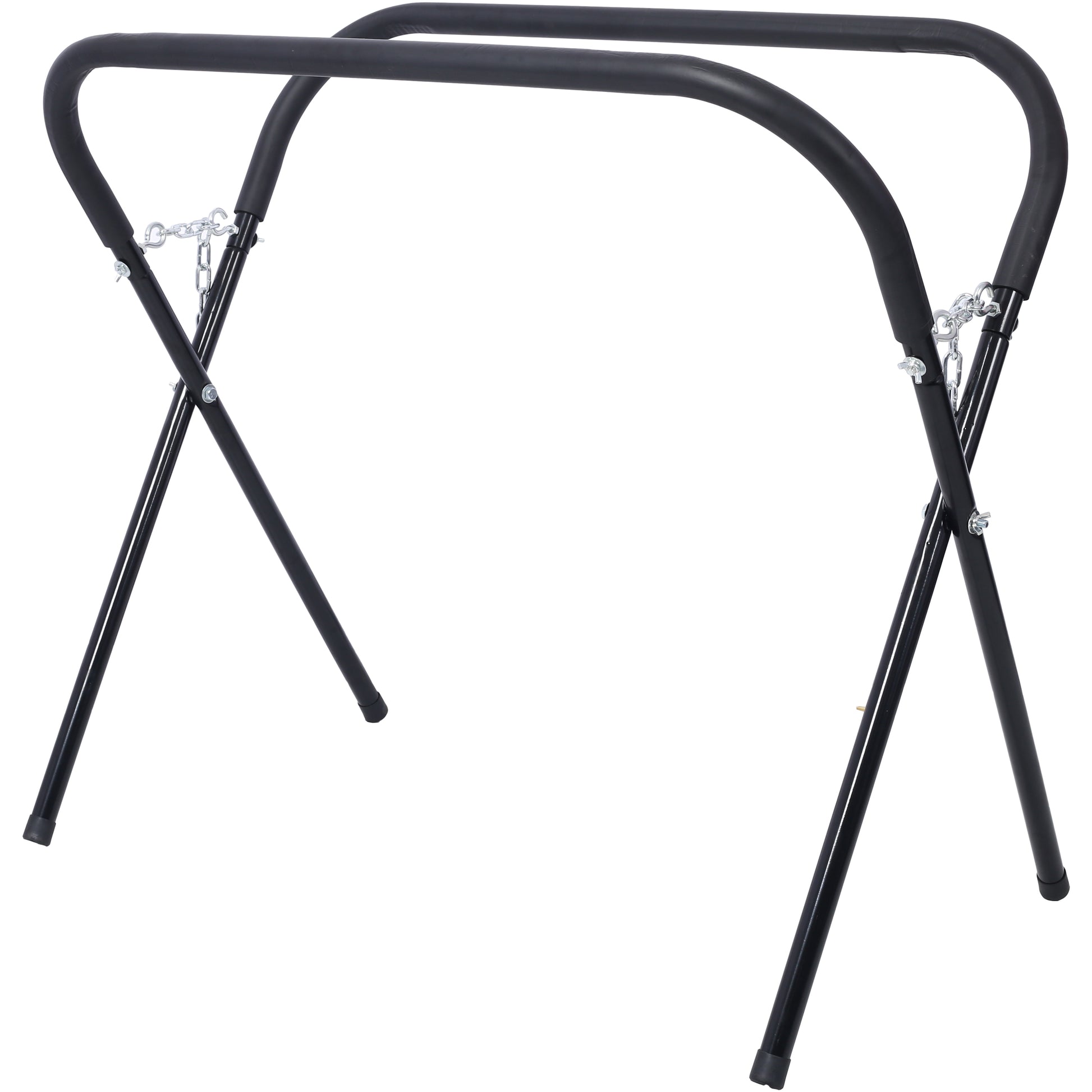 Black metal folding sawhorse with padded top and chain support for stability