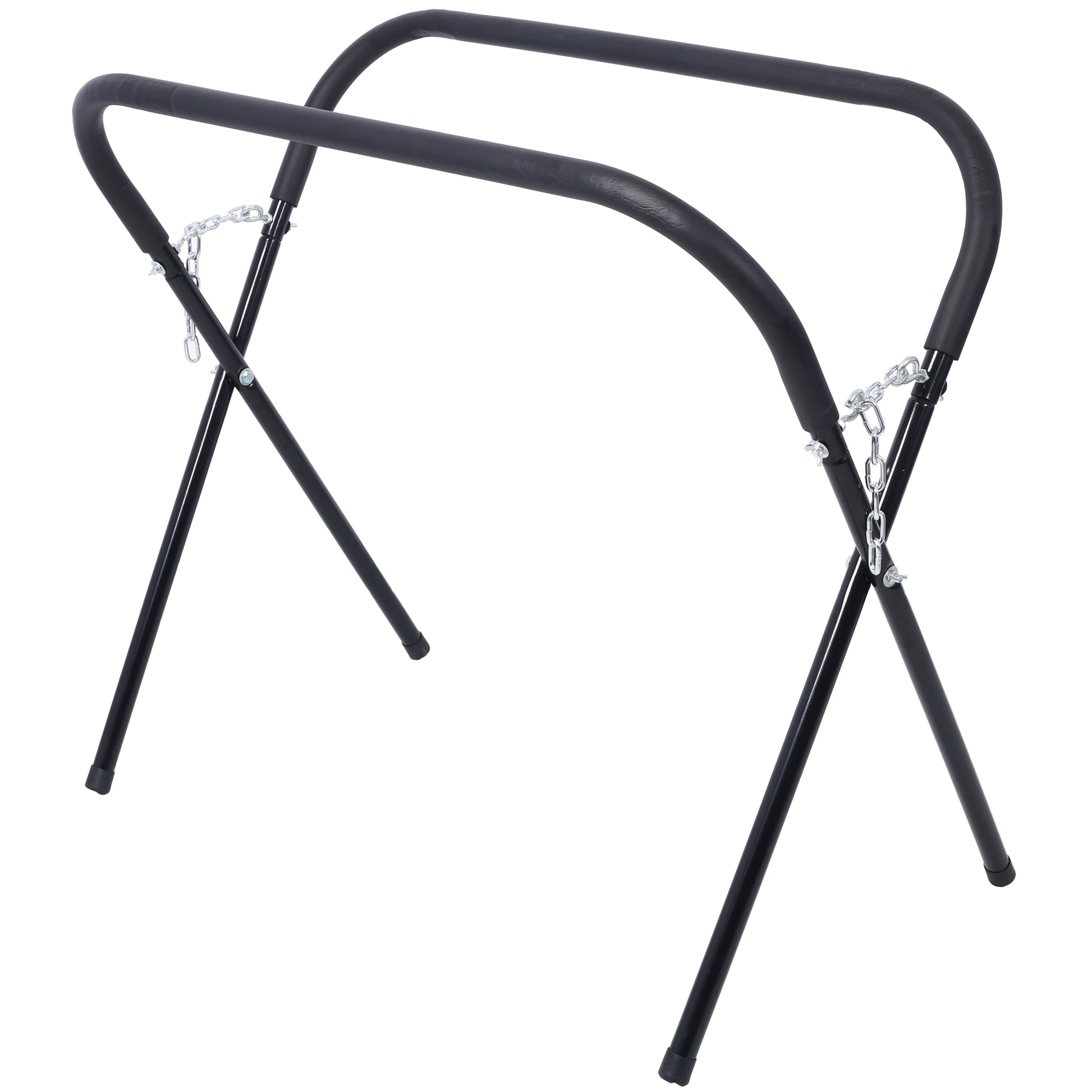 Black metal portable grill stand with padded handles and silver chain supports