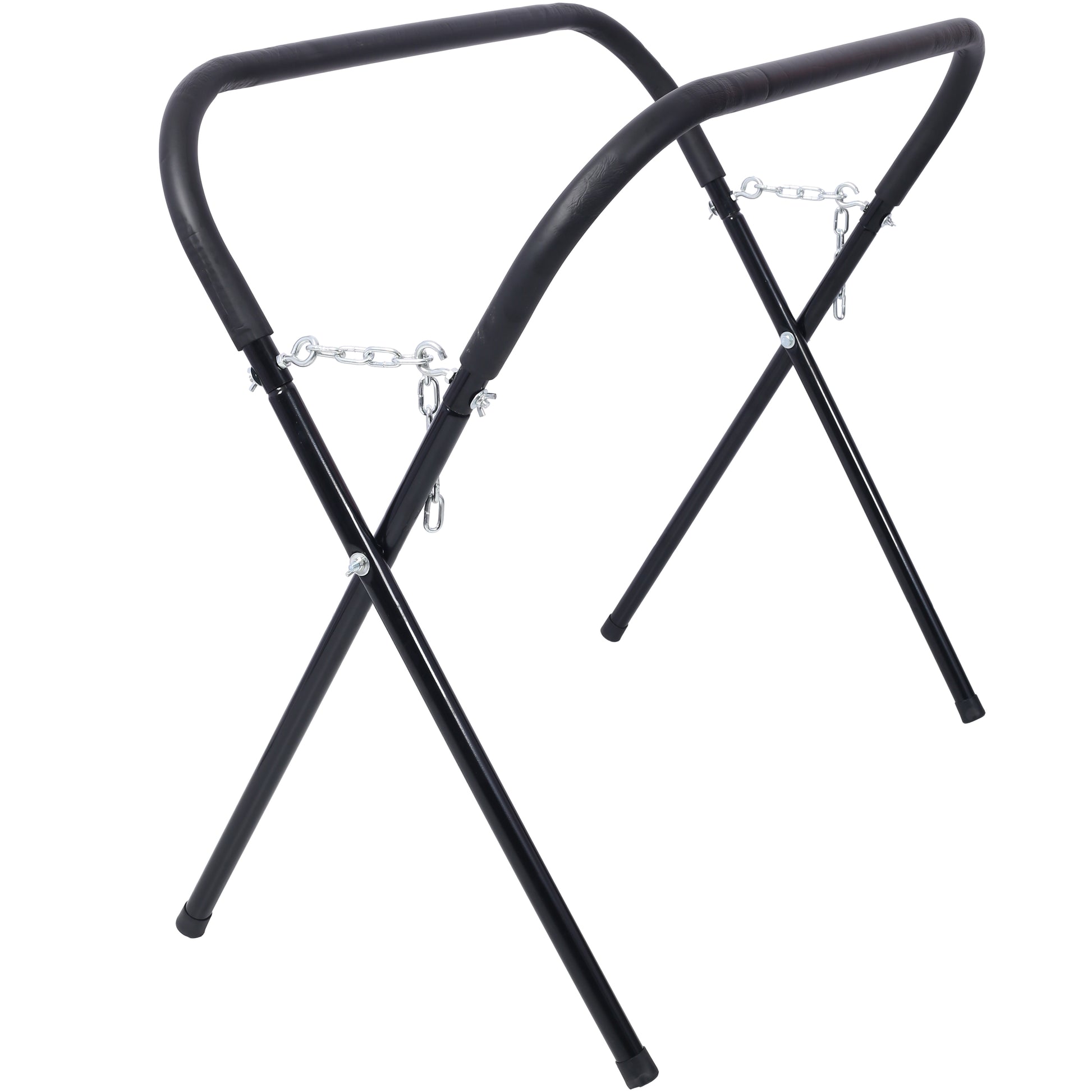 Black padded folding sawhorses with metal chains ideal for workshops and DIY projects