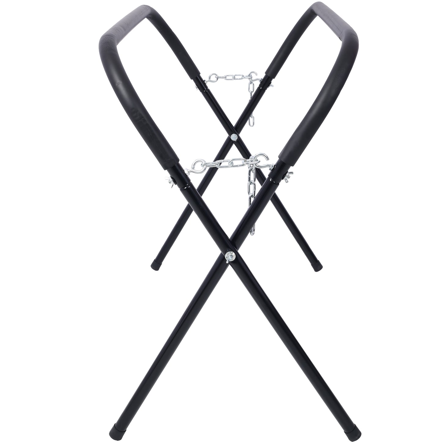 Black metal folding surfboard rack with padded supports and adjustable chain