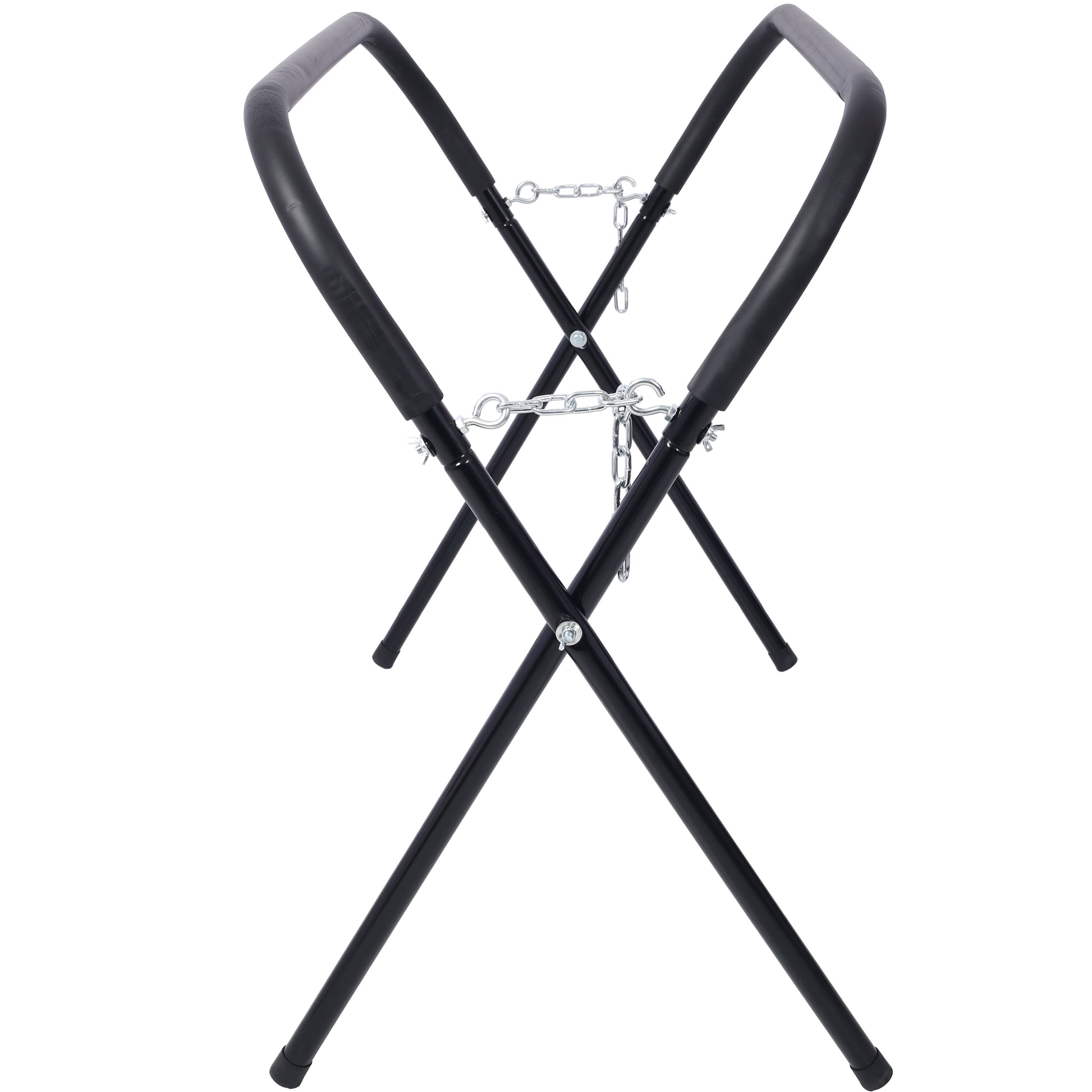 Black metal folding surfboard rack with padded supports and adjustable chain