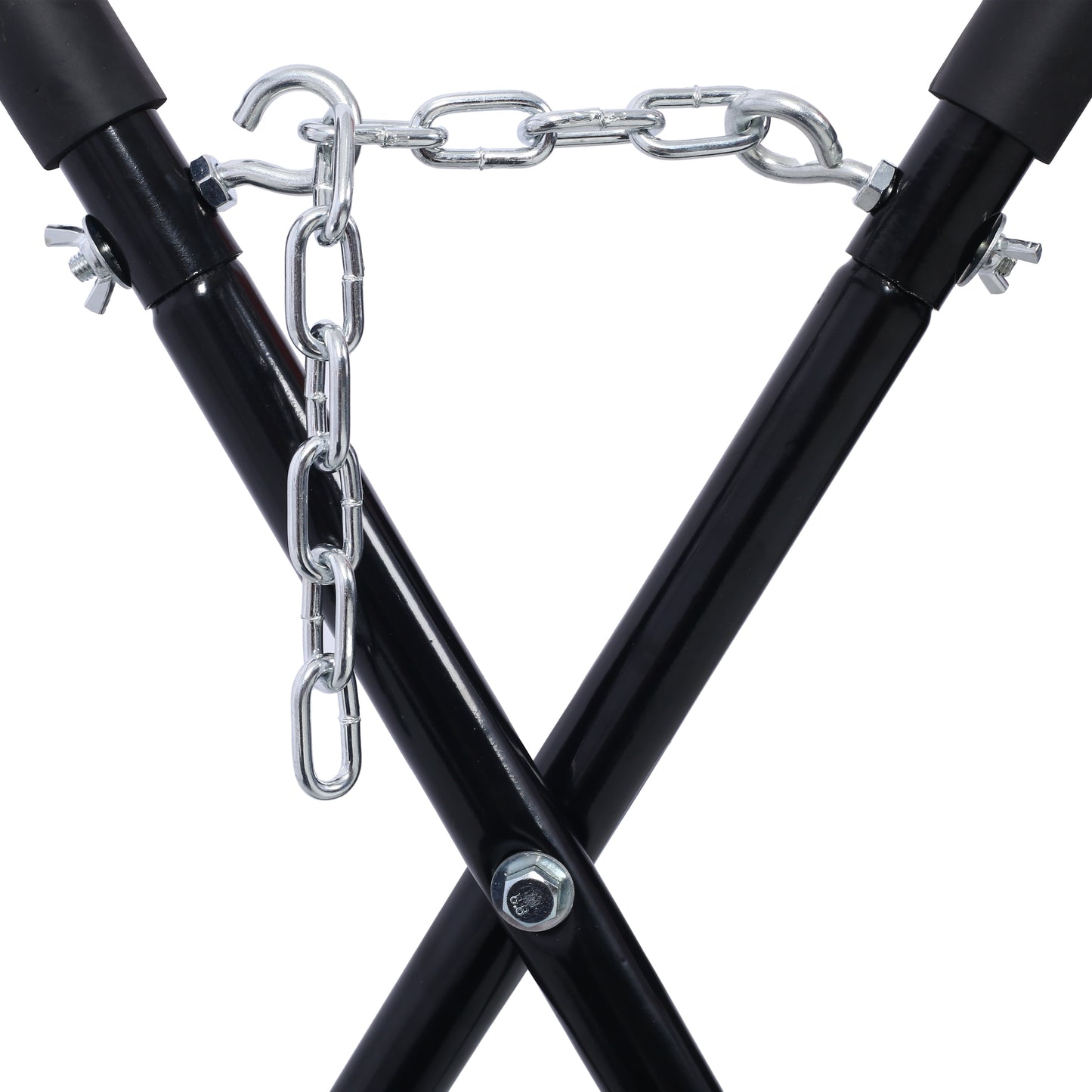 Black metal stand with a silver chain and hook attachment