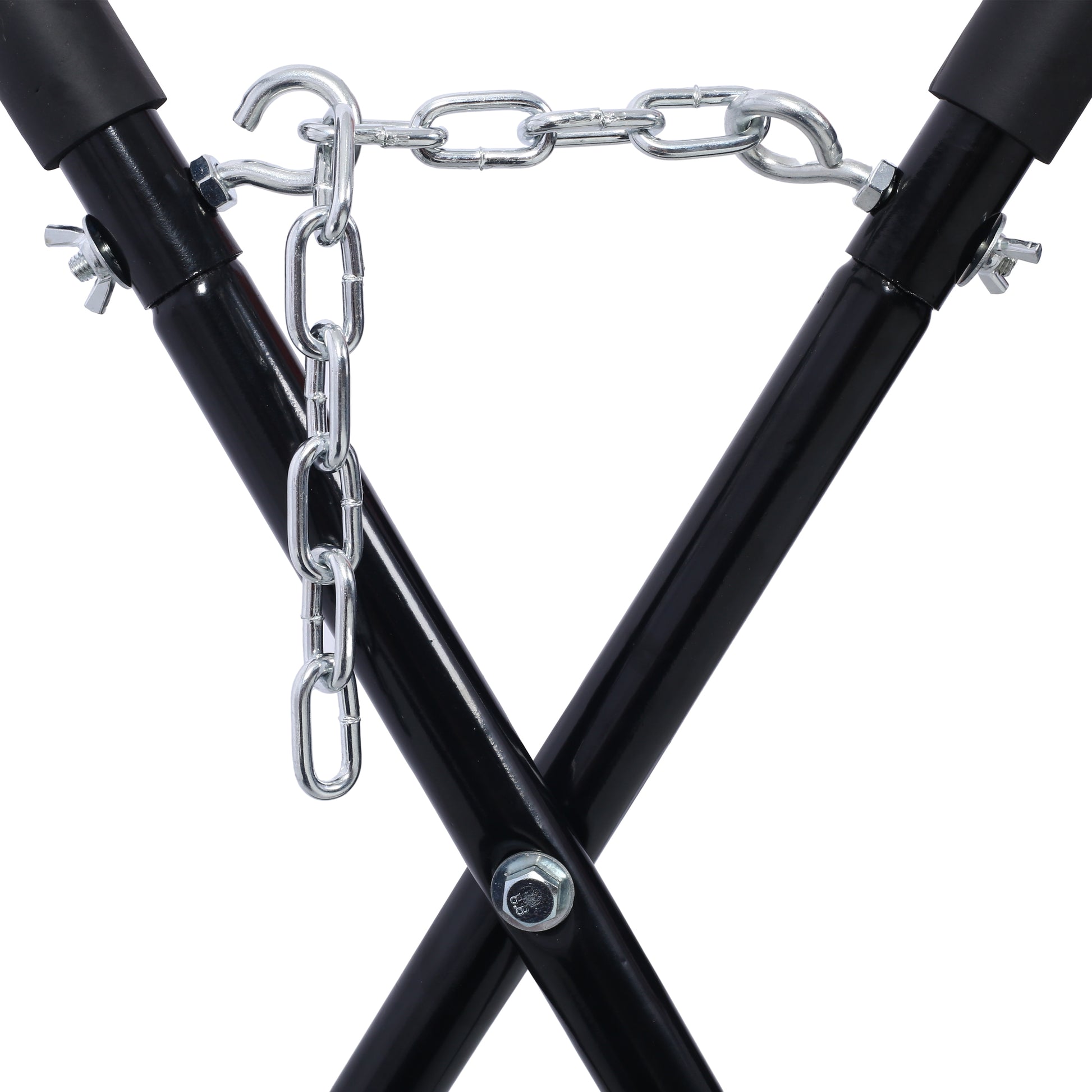 Black metal stand with a silver chain and hook attachment