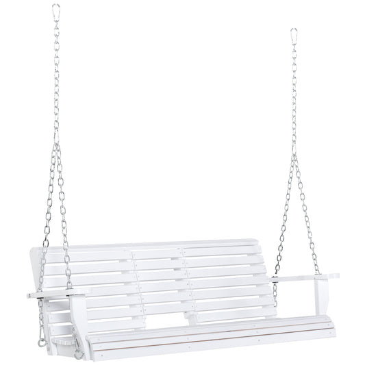 White wooden porch swing with silver chains for outdoor relaxation