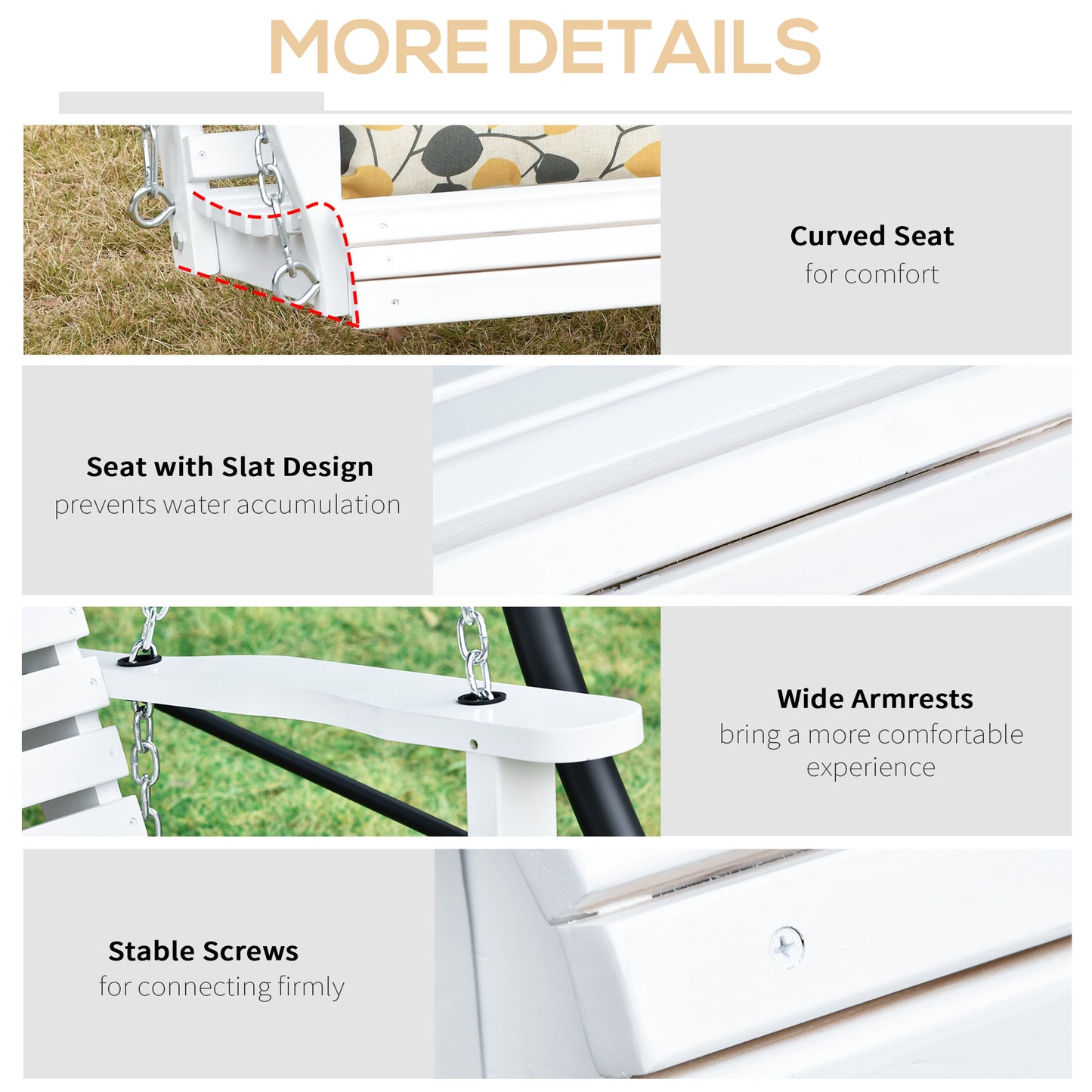 White wooden swing seat with curved design for optimal comfort and relaxation