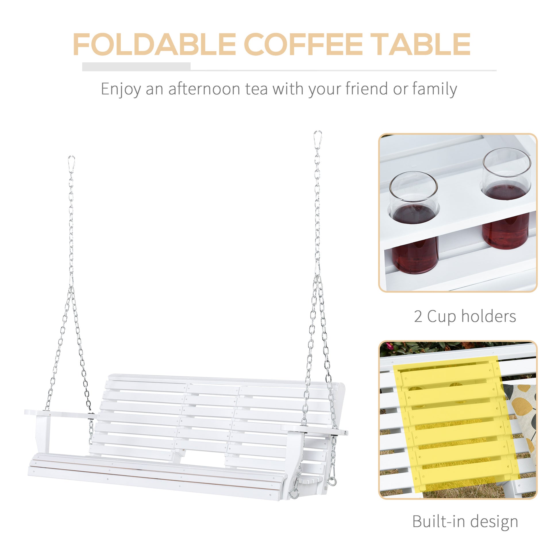 White wooden outdoor swing bench with chains for hanging