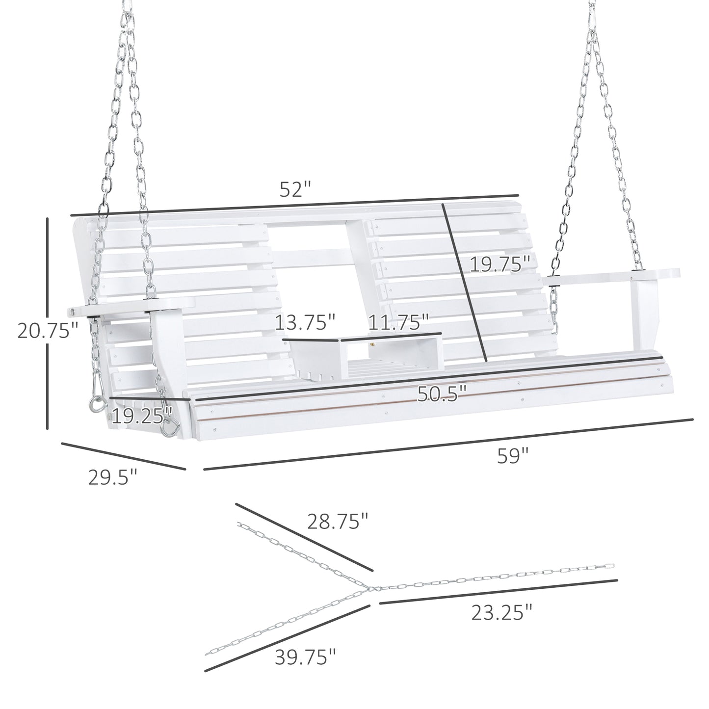 White Adirondack swing with cup holder inch width for outdoor patios