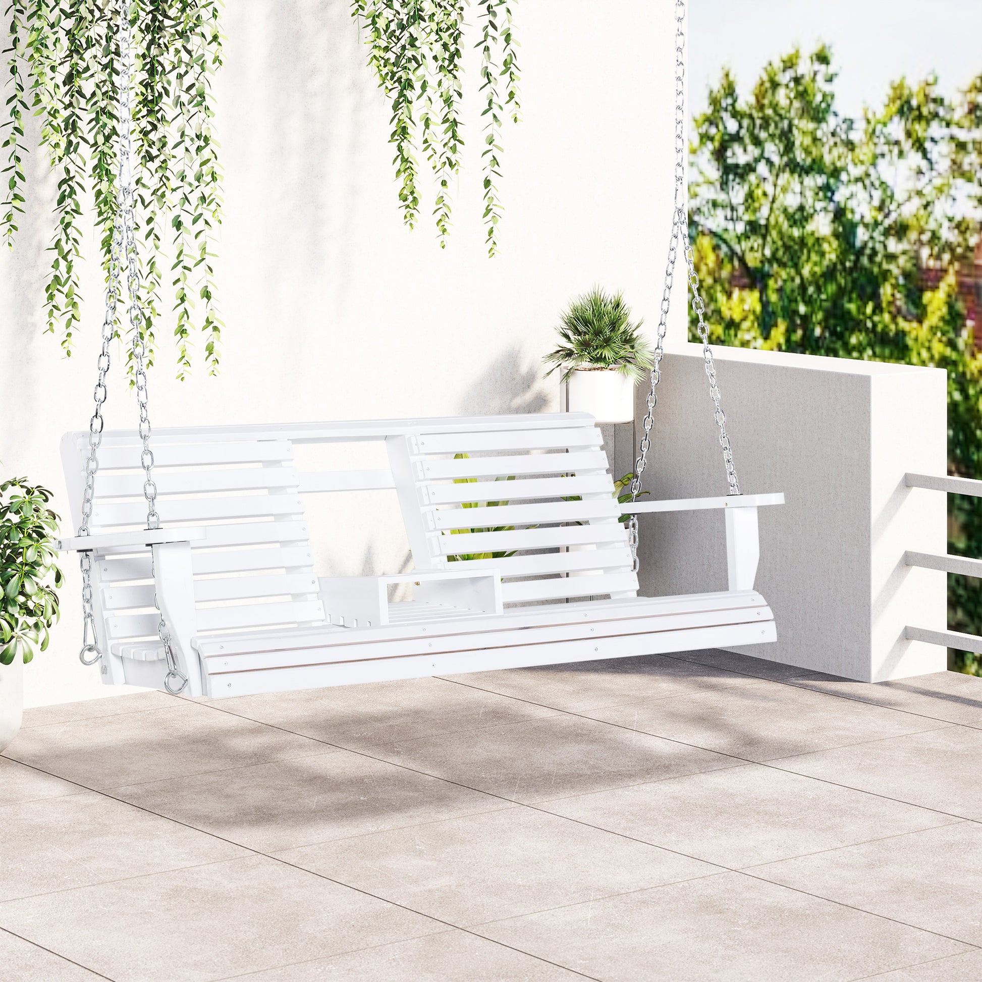 White wooden porch swing with silver chains perfect for outdoor relaxation