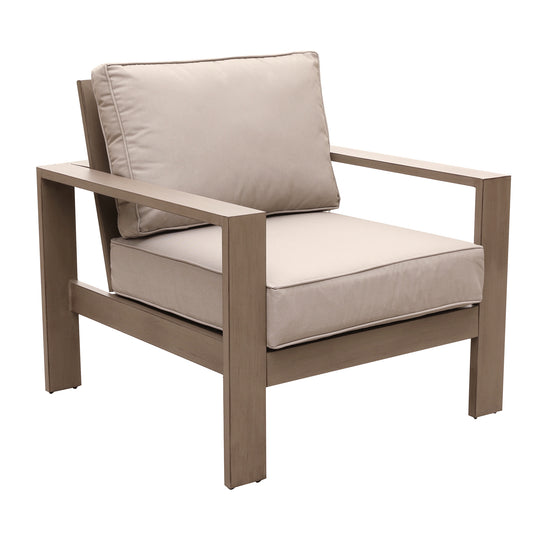 Modern beige upholstered aluminum outdoor chair with clean lines and plush cushions