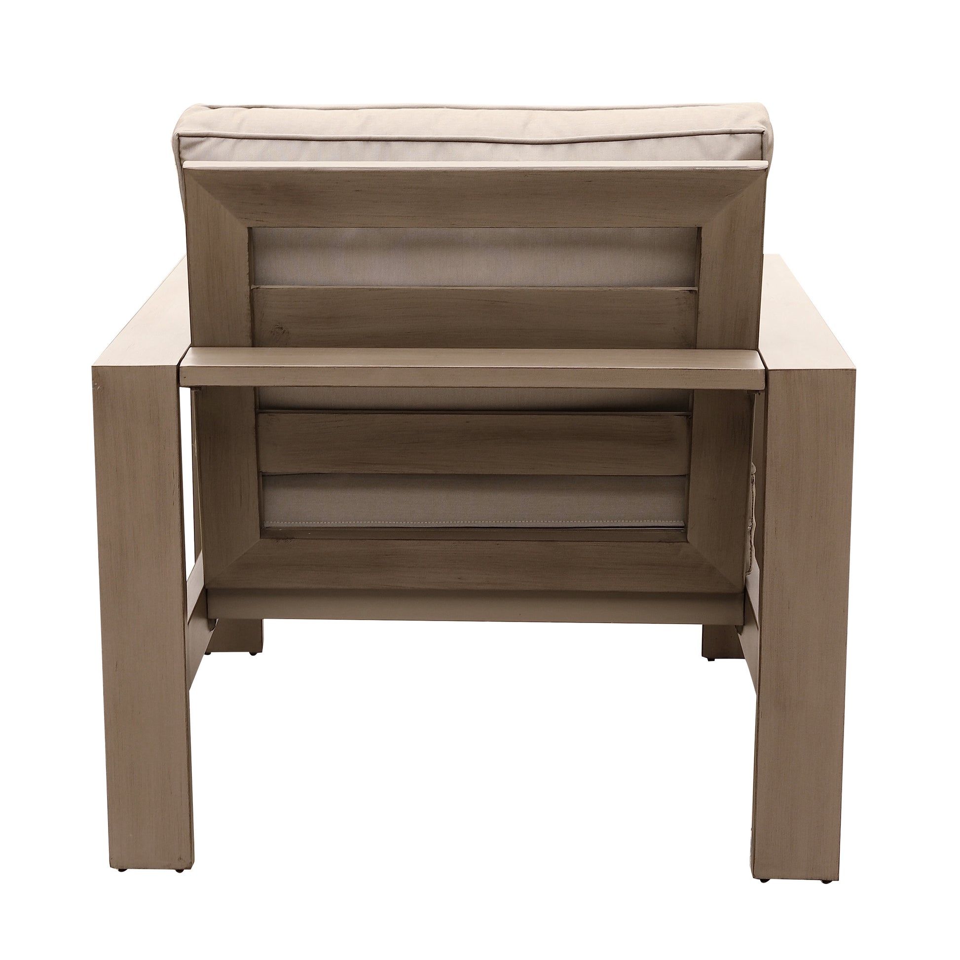 Brown wood outdoor armchair with cream cushions