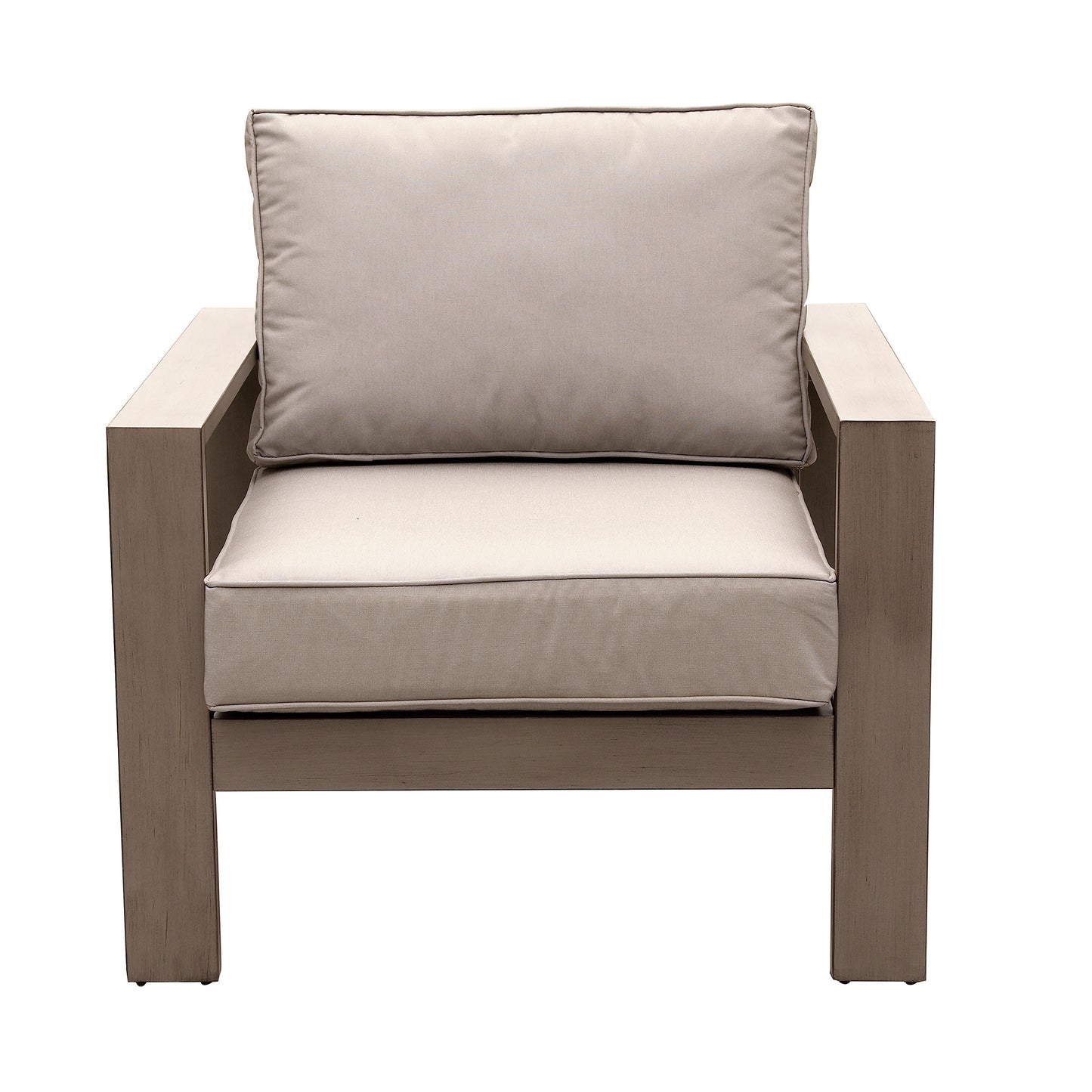 Modern grey outdoor armchair with plush cushions and durable wood frame