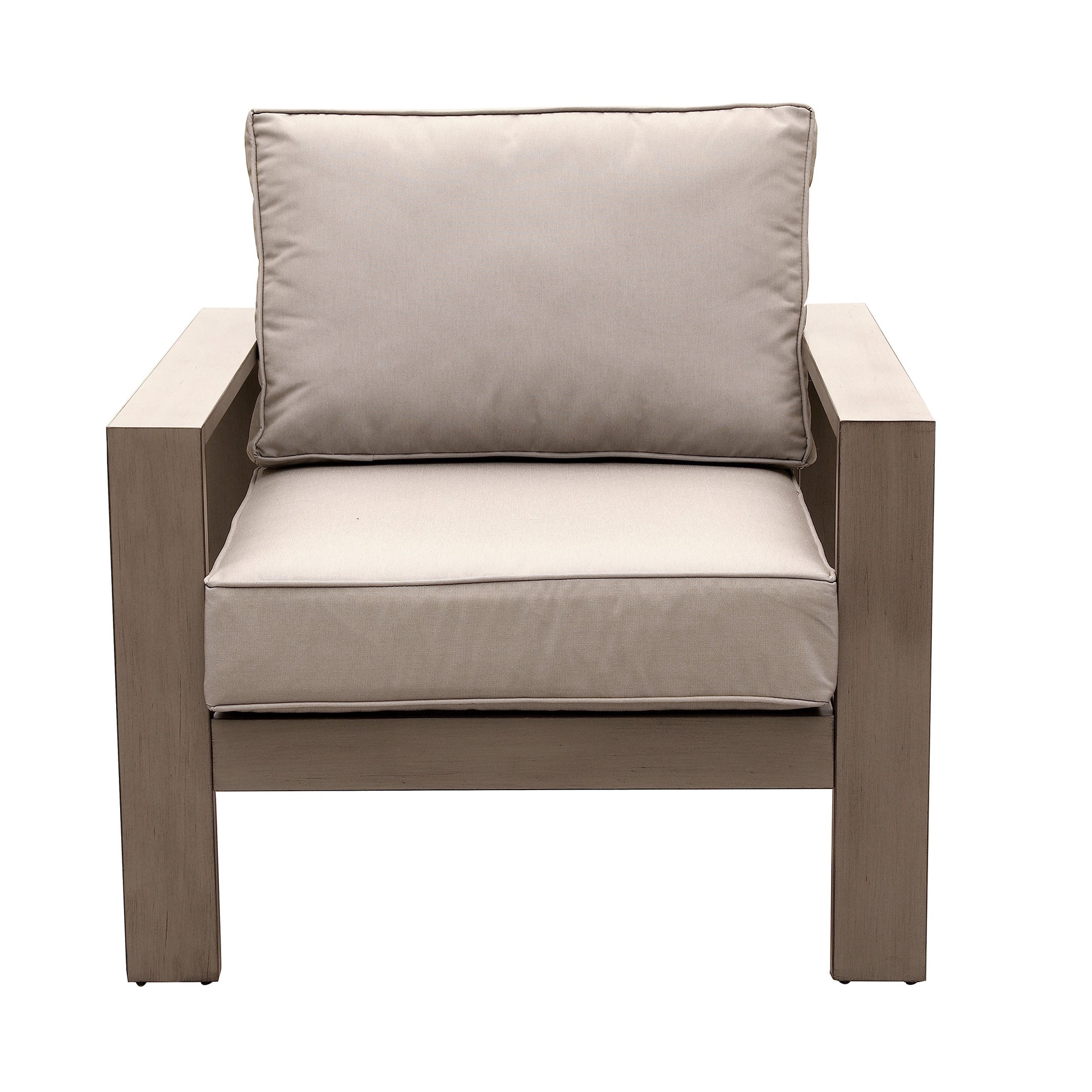 Modern grey outdoor armchair with plush cushions and durable wood frame