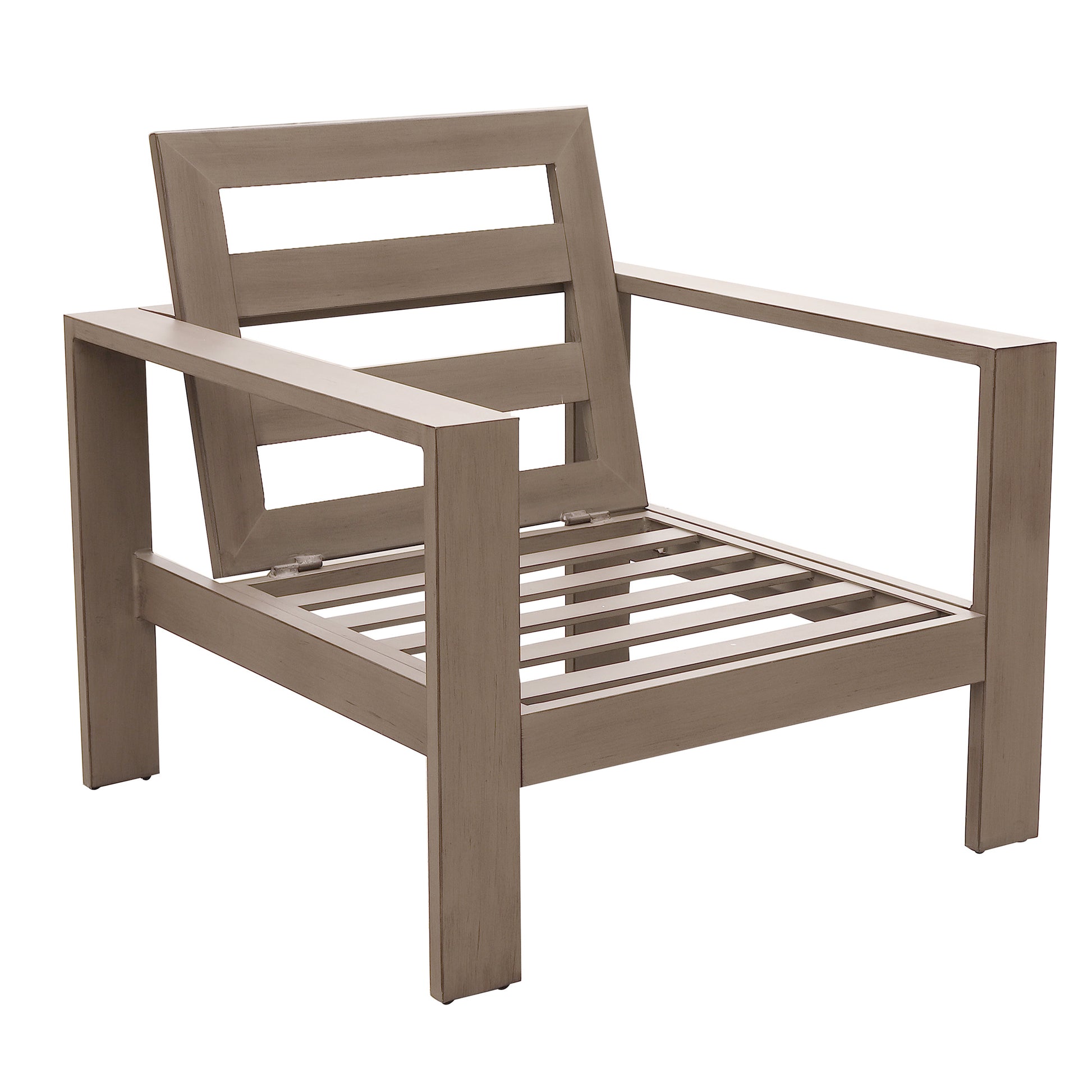 Modern taupe metal outdoor armchair with slatted seat and back