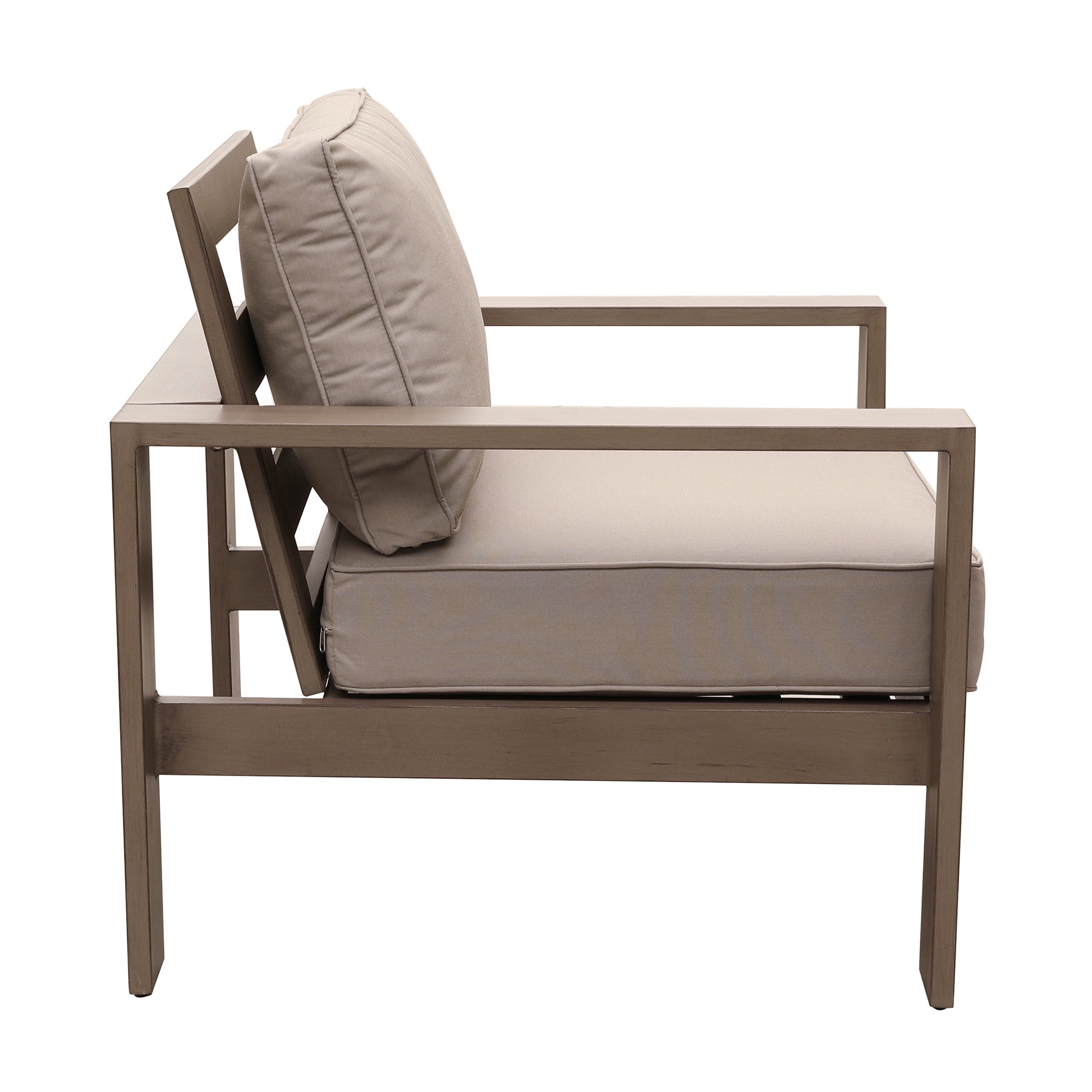Modern grey aluminum outdoor chair with plush beige cushions for patio seating