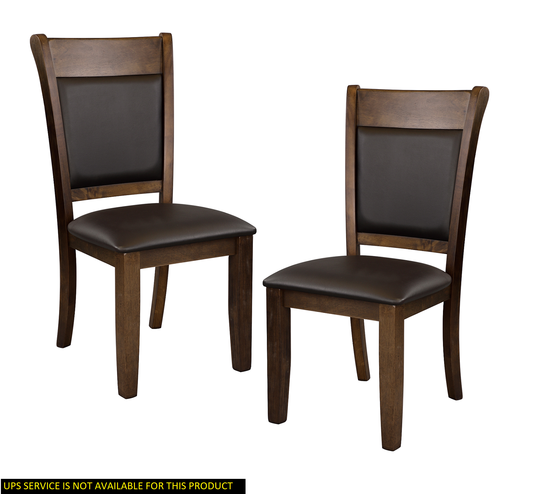 Two dark brown wooden dining chairs with upholstered seats and backs