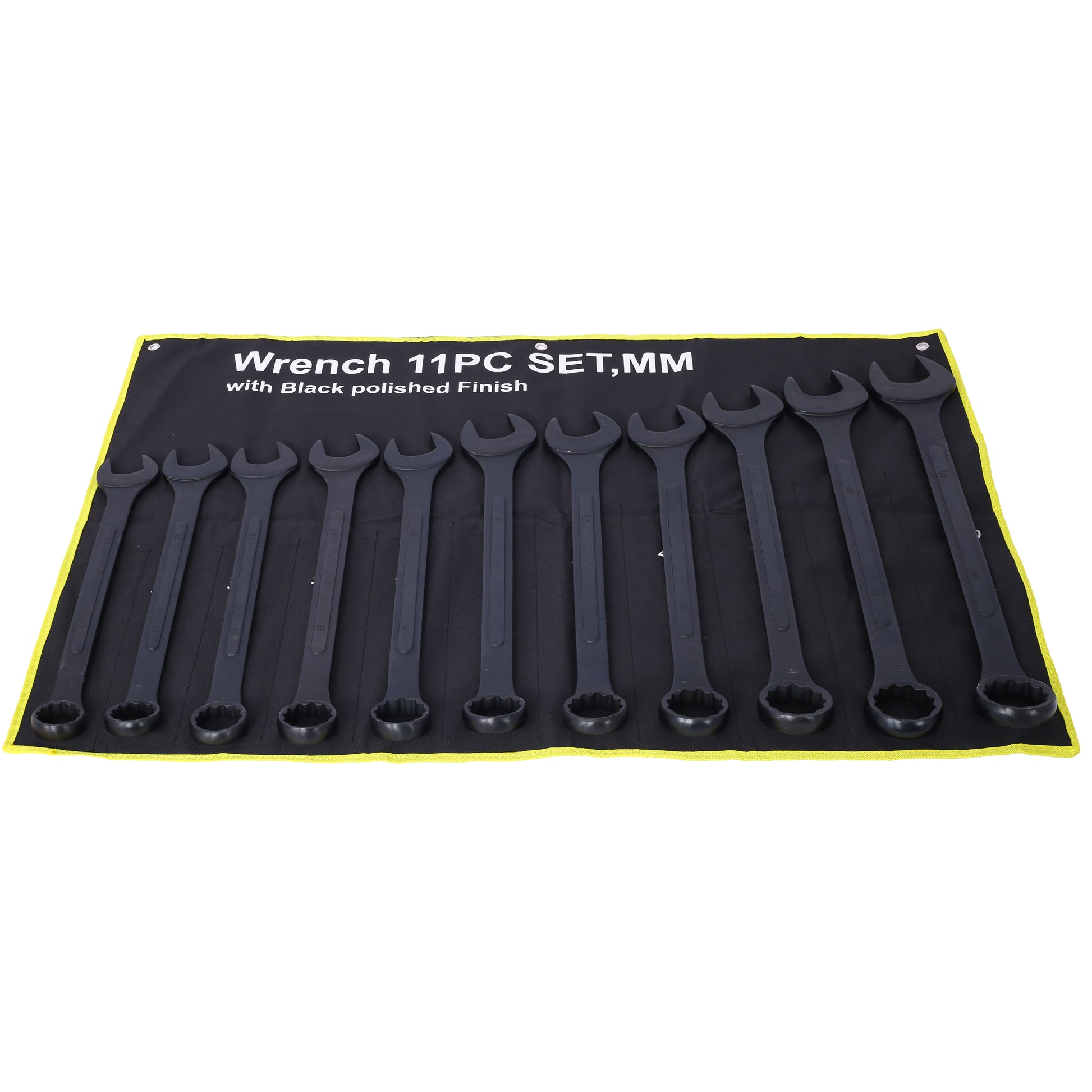 Black polished finish piece MM wrench set laid out on a black organizer roll