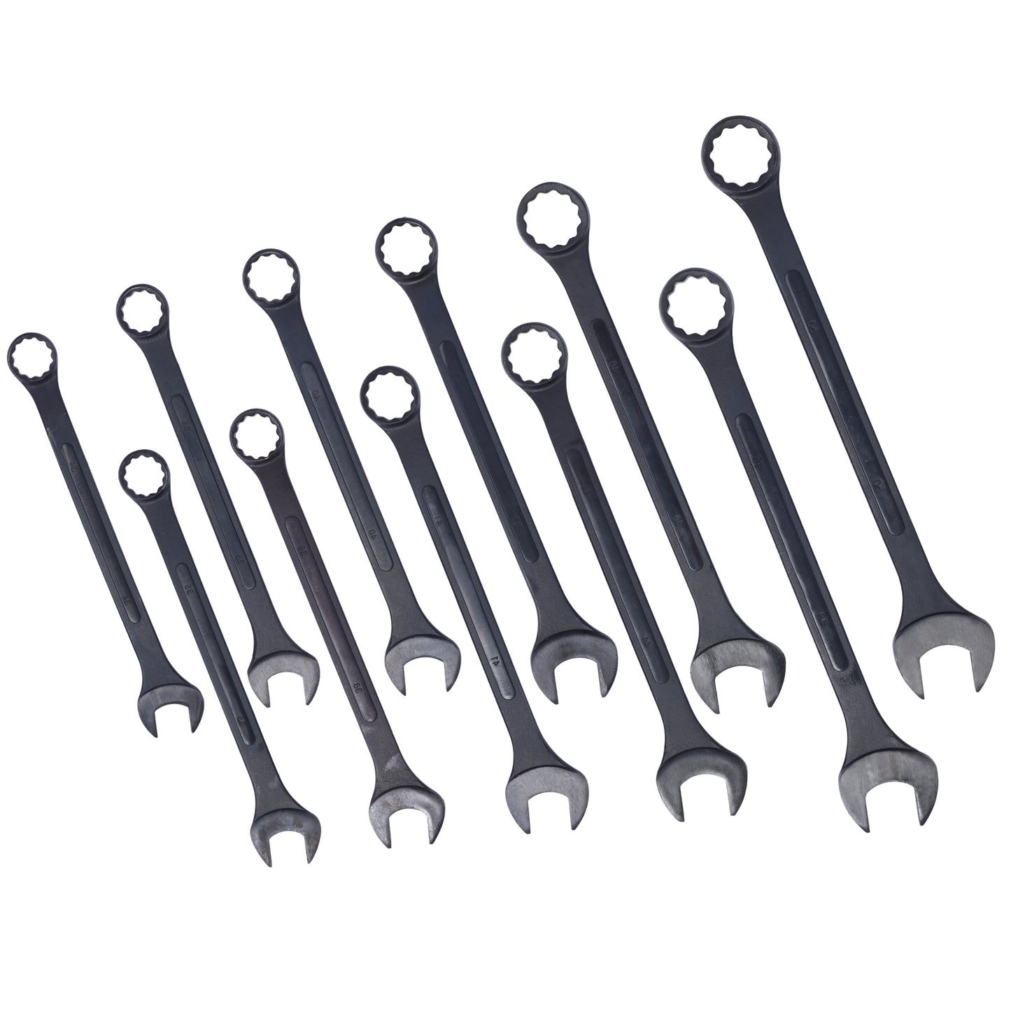 Set of  assorted black combination wrenches with clear size markings on white background