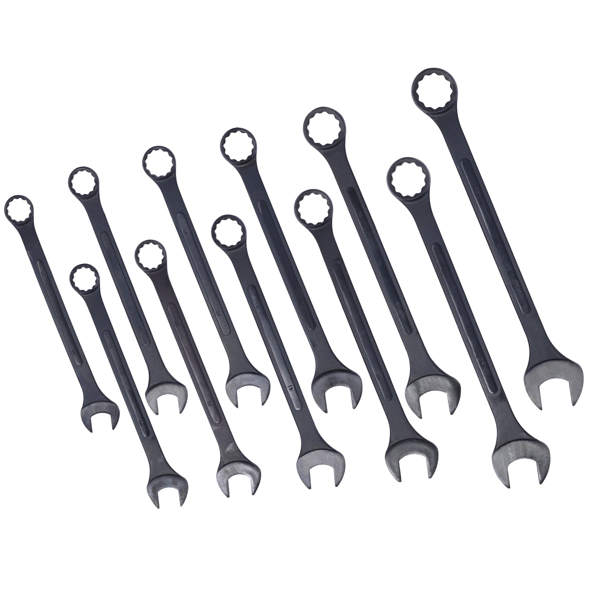 Set of  assorted black combination wrenches with clear size markings on white background