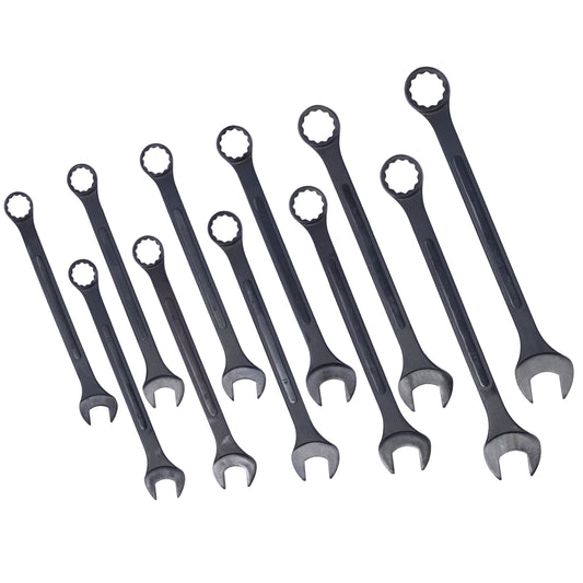 Set of  assorted black combination wrenches with clear size markings on white background